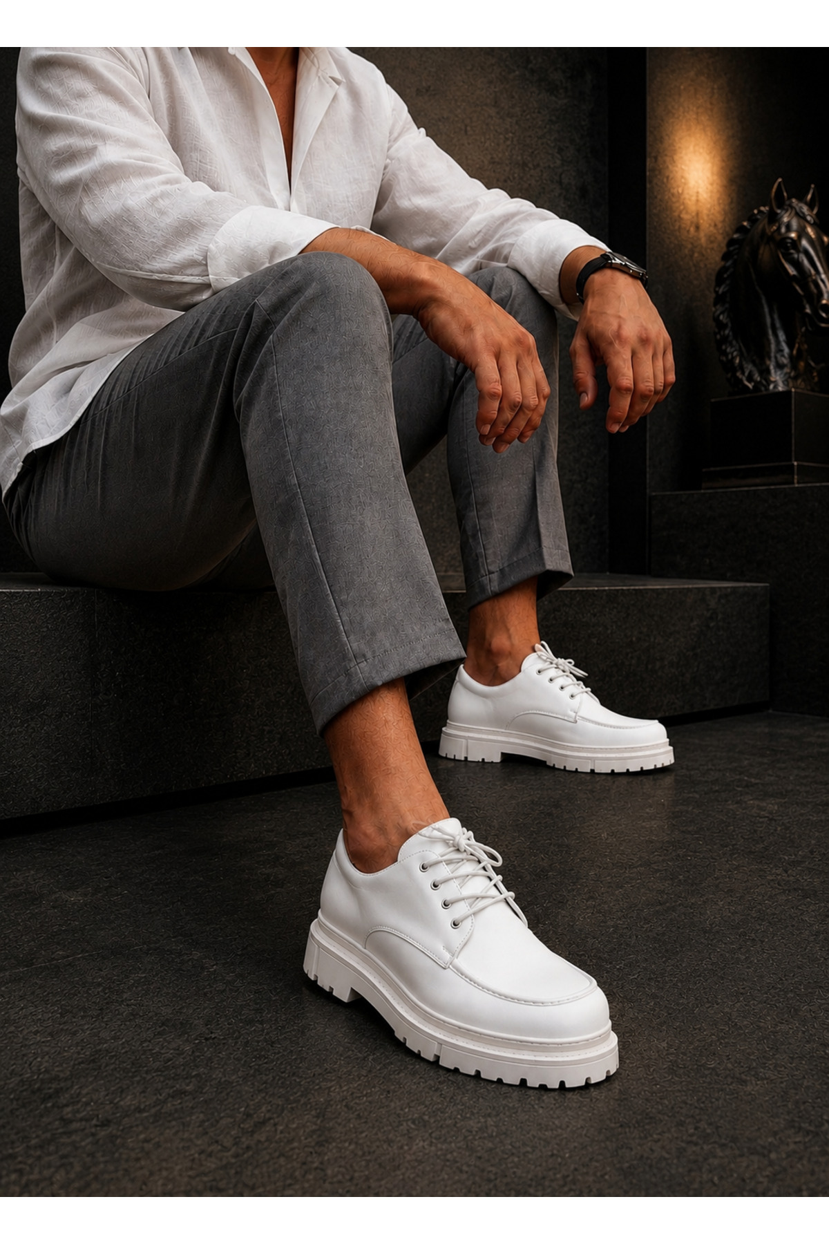 Mhoda Shoes RLX- Erkek Günlük Bağcıklı Cilt Klasik Ayakkabı CBT - Beyaz görsel 2