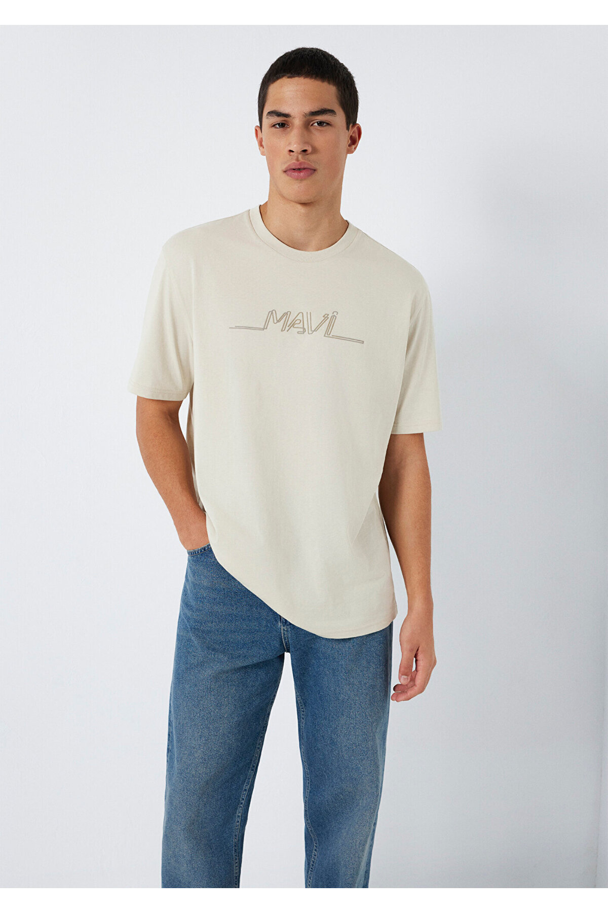 Baskılı Bej Tişört Loose Fit / Bol Rahat Kesim 0613128-70144