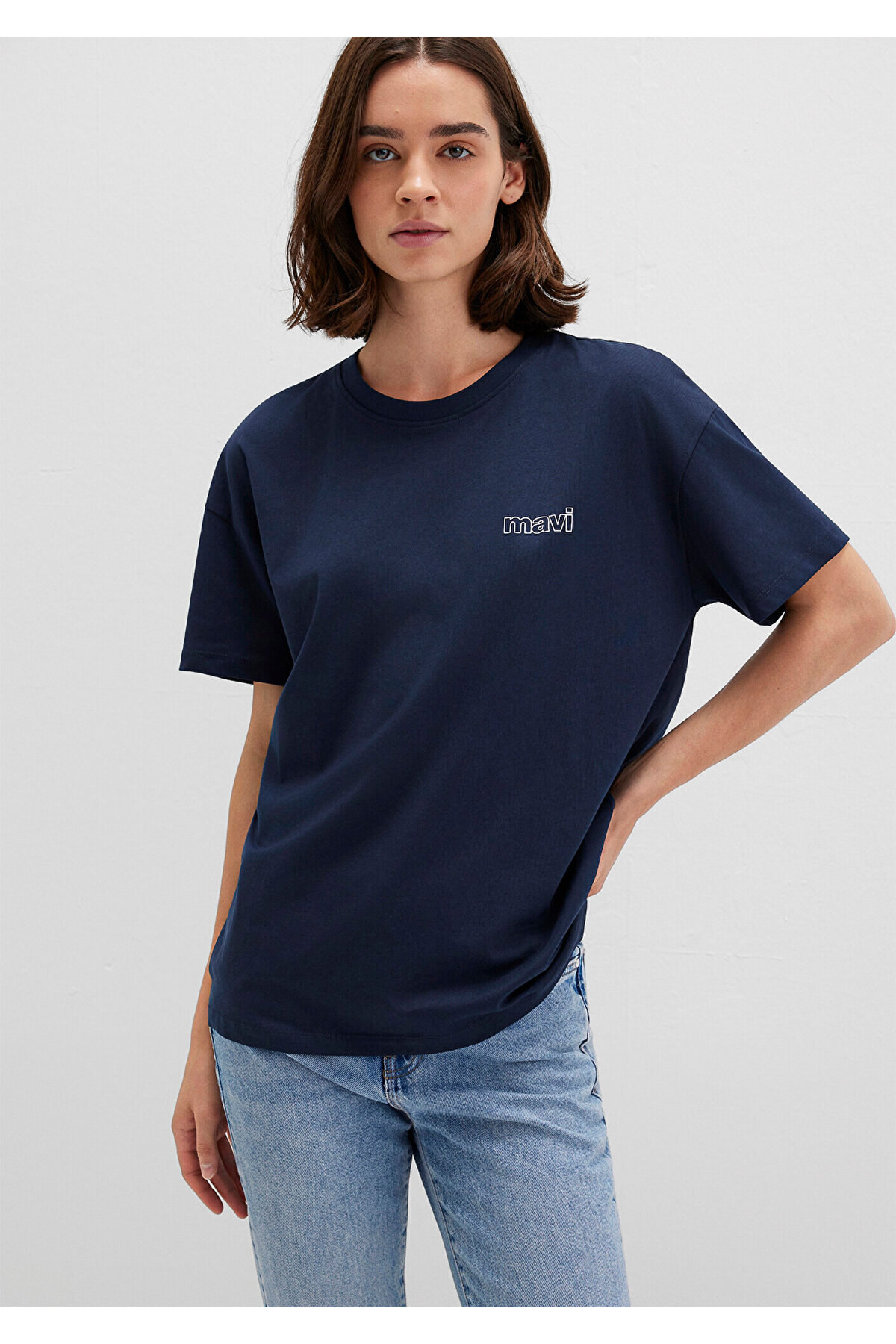 Logo Baskılı Lacivert Tişört Loose Fit / Bol Rahat Kesim 1611309-70490