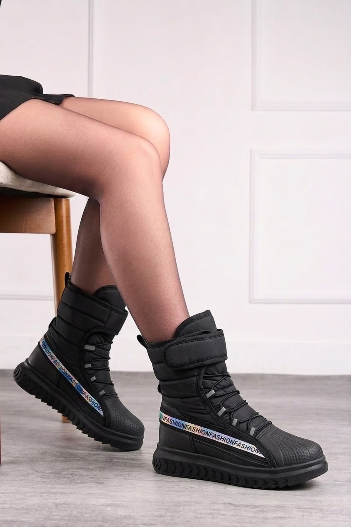 Nstil Günlük Unisex Yetişkin Çocuk Siyah Kar Botu Içi Kürklü Cırt Cırtlı Kaymaz Taban Ayakkabı 920 görsel 2