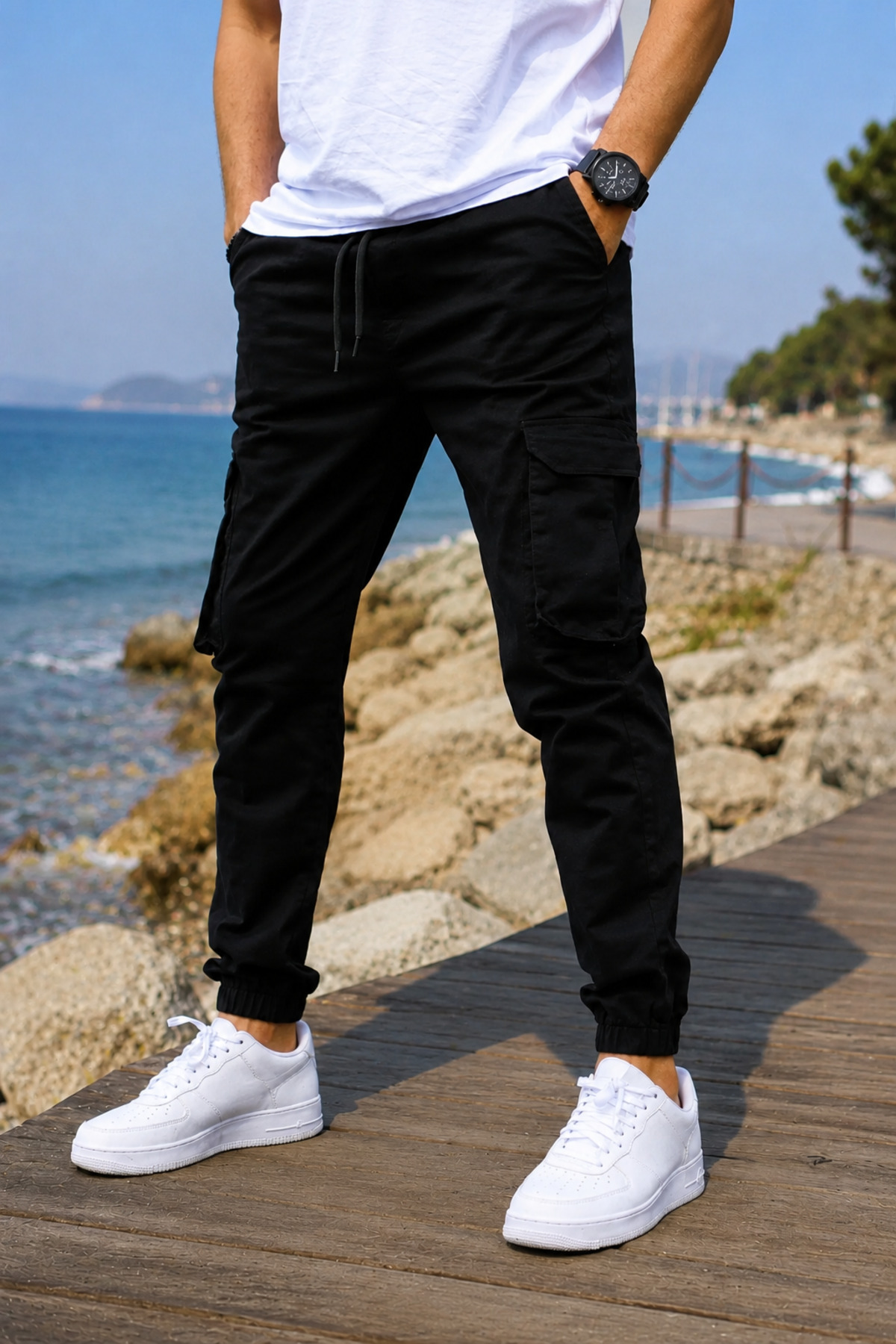Erkek Kargo Pantolon Jogger Kargo Cepli Likralı Beli ve Paçası Lastikli Rahat Kesim — مشکی ZAT7 — تصویر 4 از 6