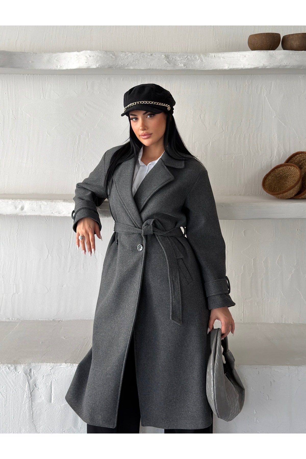 VESS MODA Kadın Kuşak ve Düğmeli Uzun Kaşe Kaban Antrasit görsel 8