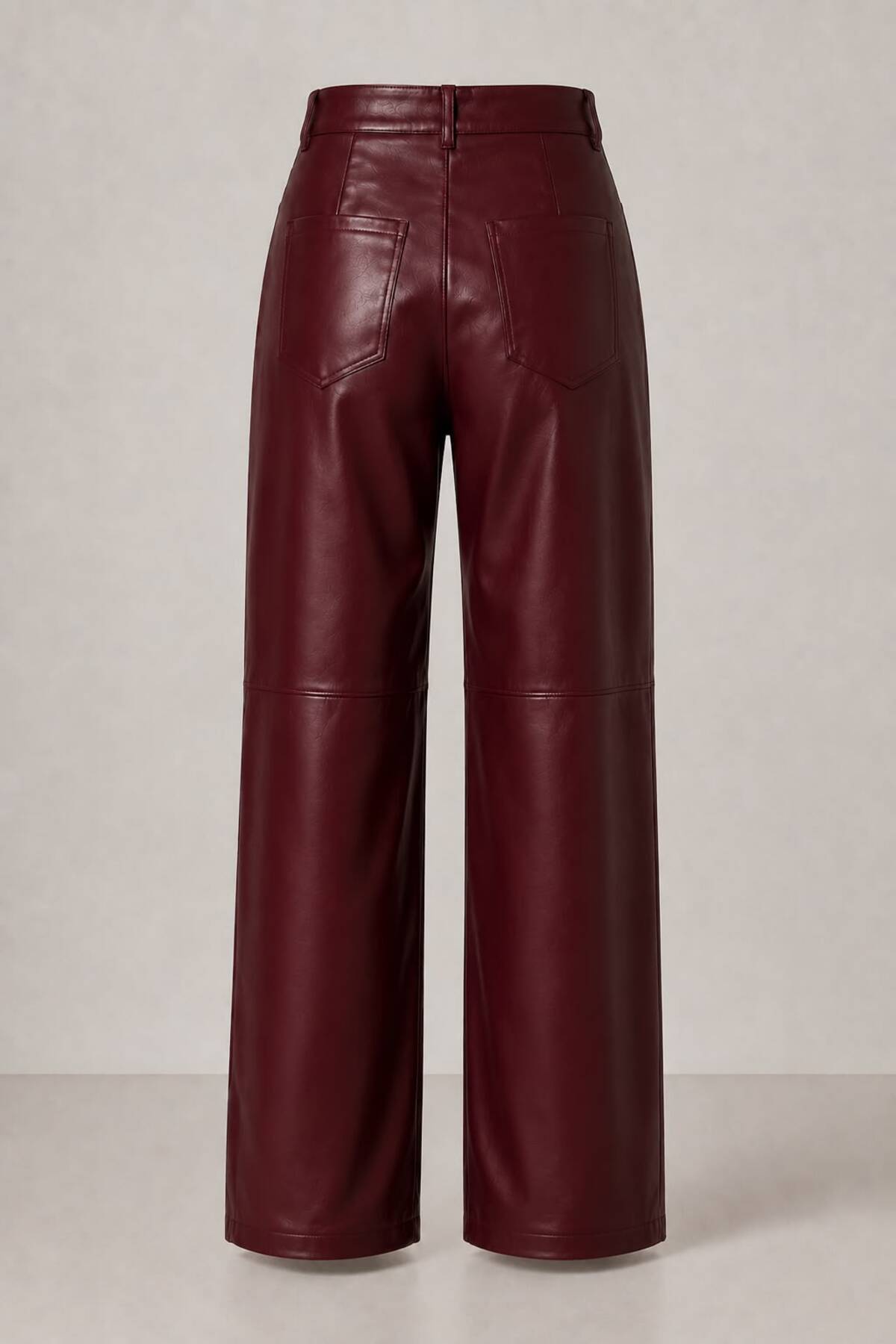 Grenj Fashion Bordo Relaxed Boru Paça Dikiş Detaylı Deri Pantolon görsel 7
