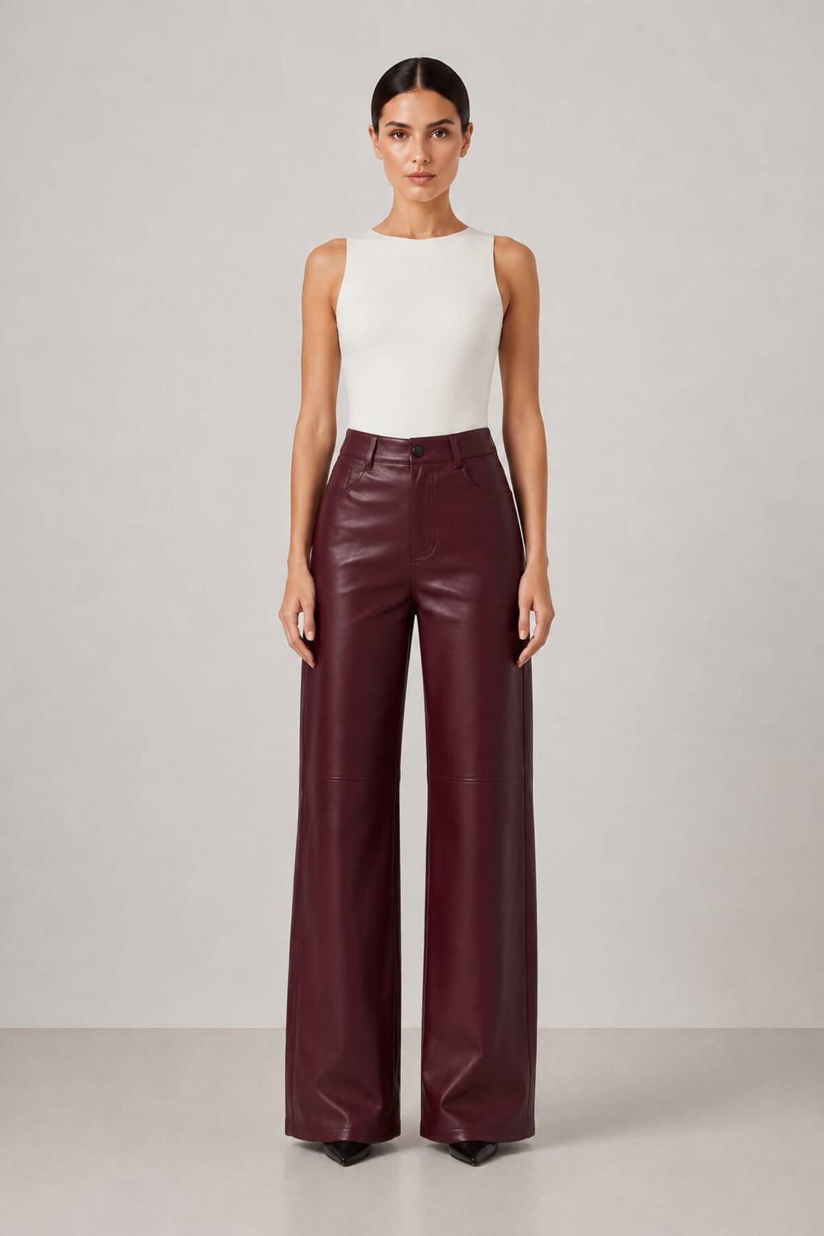 Grenj Fashion Bordo Relaxed Boru Paça Dikiş Detaylı Deri Pantolon görsel 4