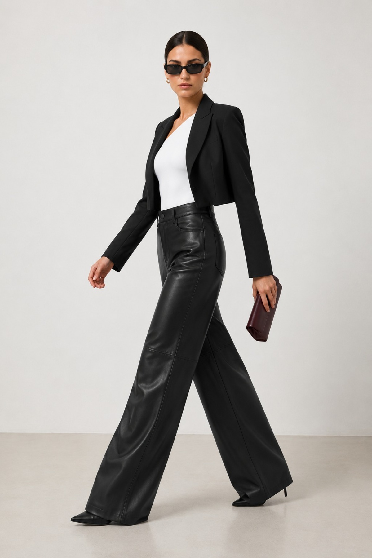 Grenj Fashion Siyah Relaxed Boru Paça Dikiş Detaylı Deri Pantolon görsel 2