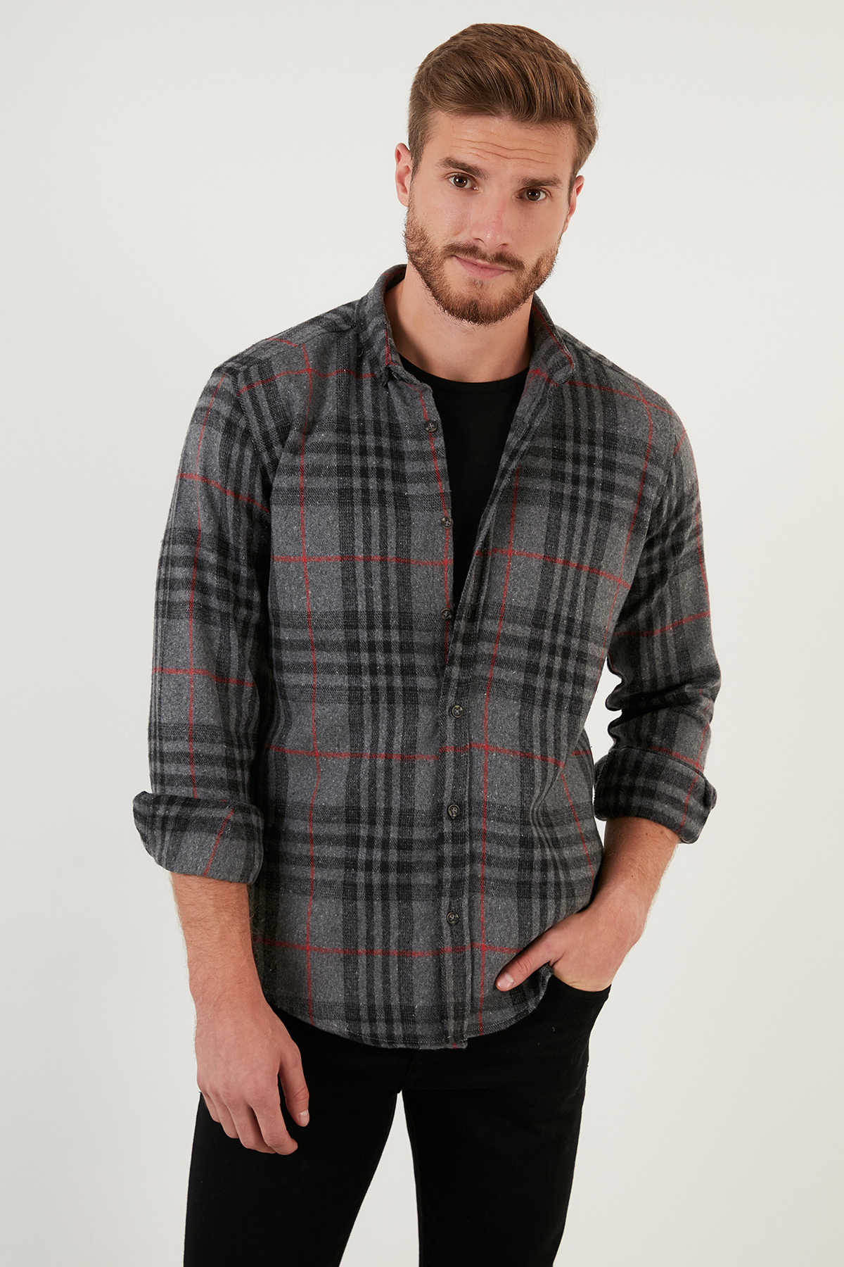 Buratti Ekoseli Uzun Kollu Slim Fit Kışlık Gömlek Erkek GÖMLEK CF21W112844 görsel 7