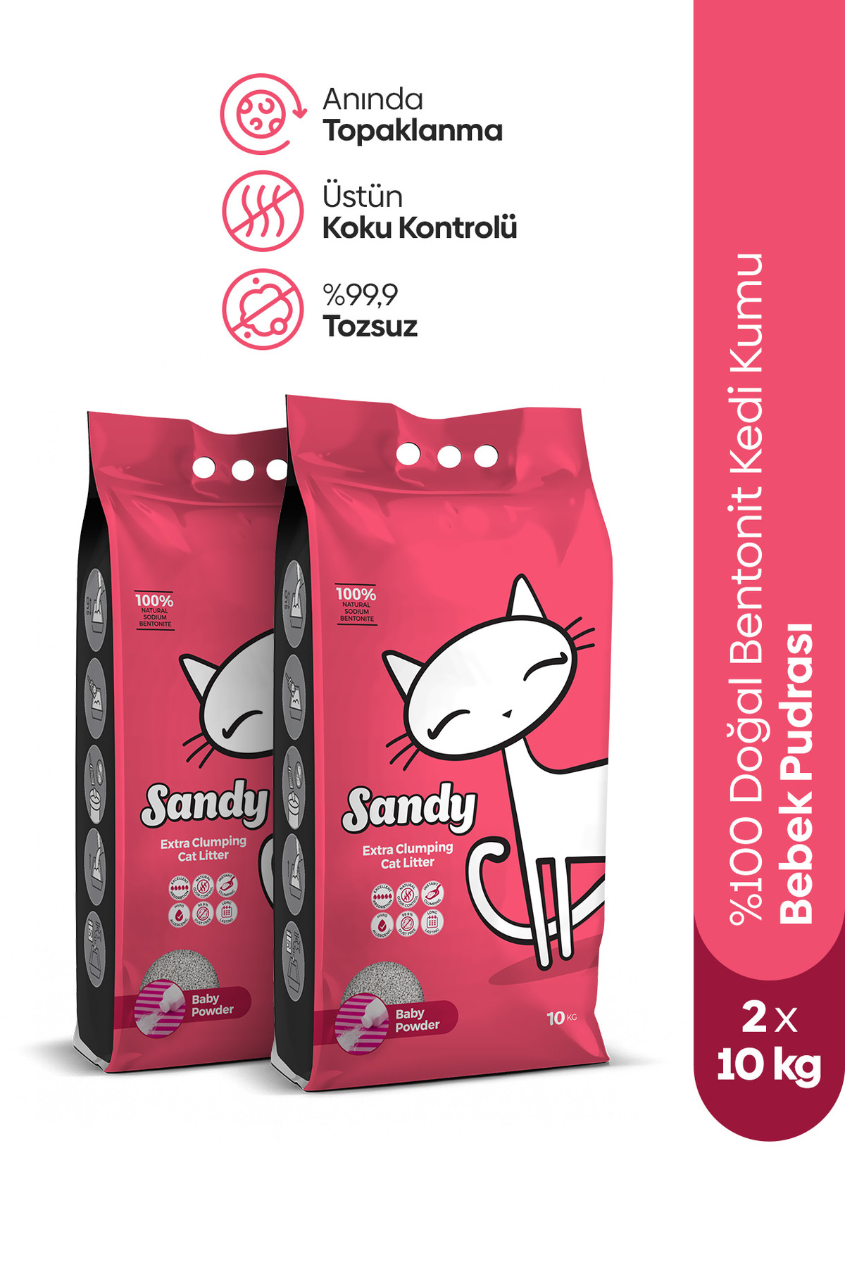 Sandy Bebek Pudrası Kokulu Topaklanan Kedi Kumu 2x10kg