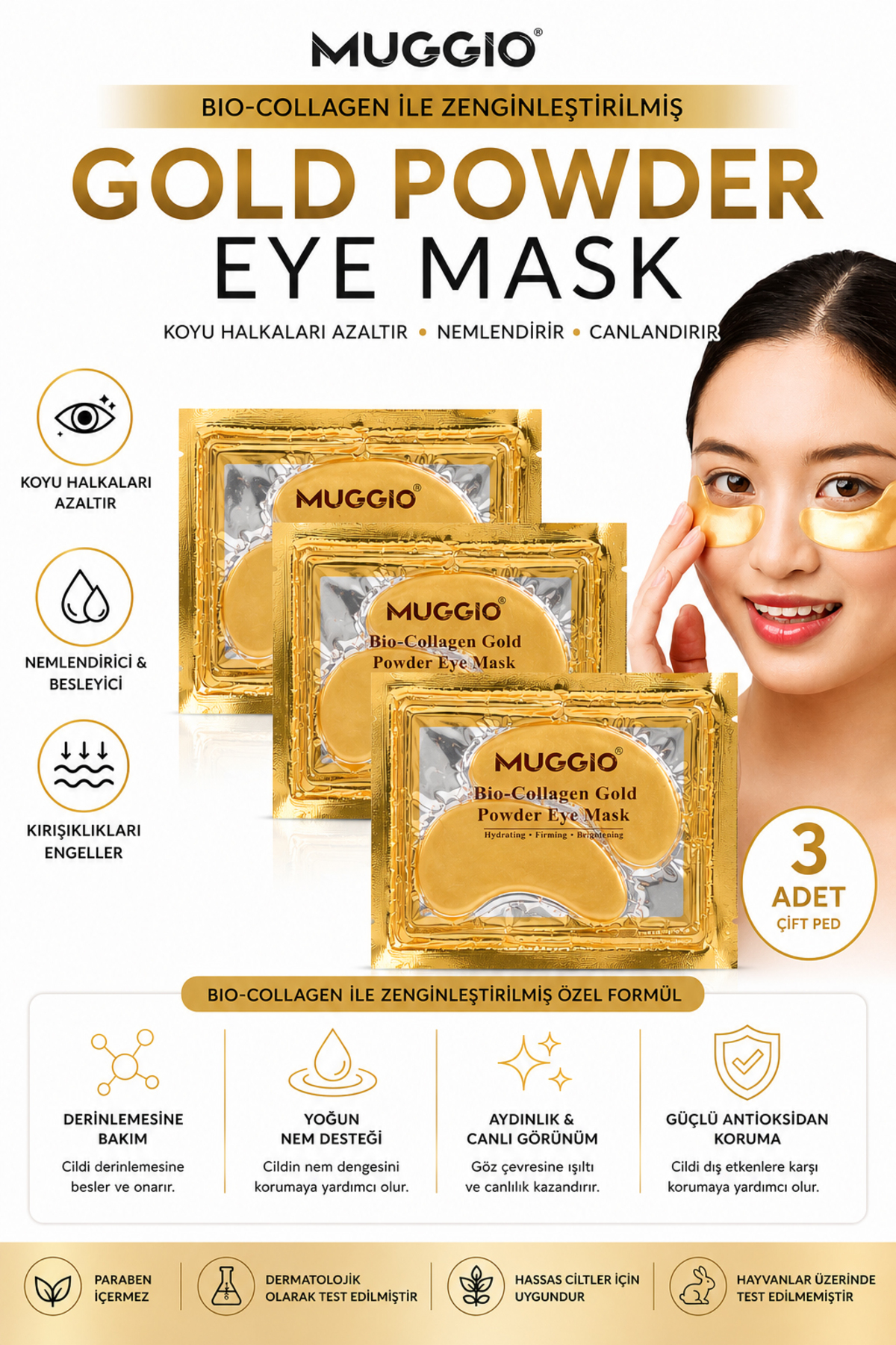 Muggio Altın Maske ( Göz Altı Için ) Bio-collagen- 3 Adet — GOLD3lü