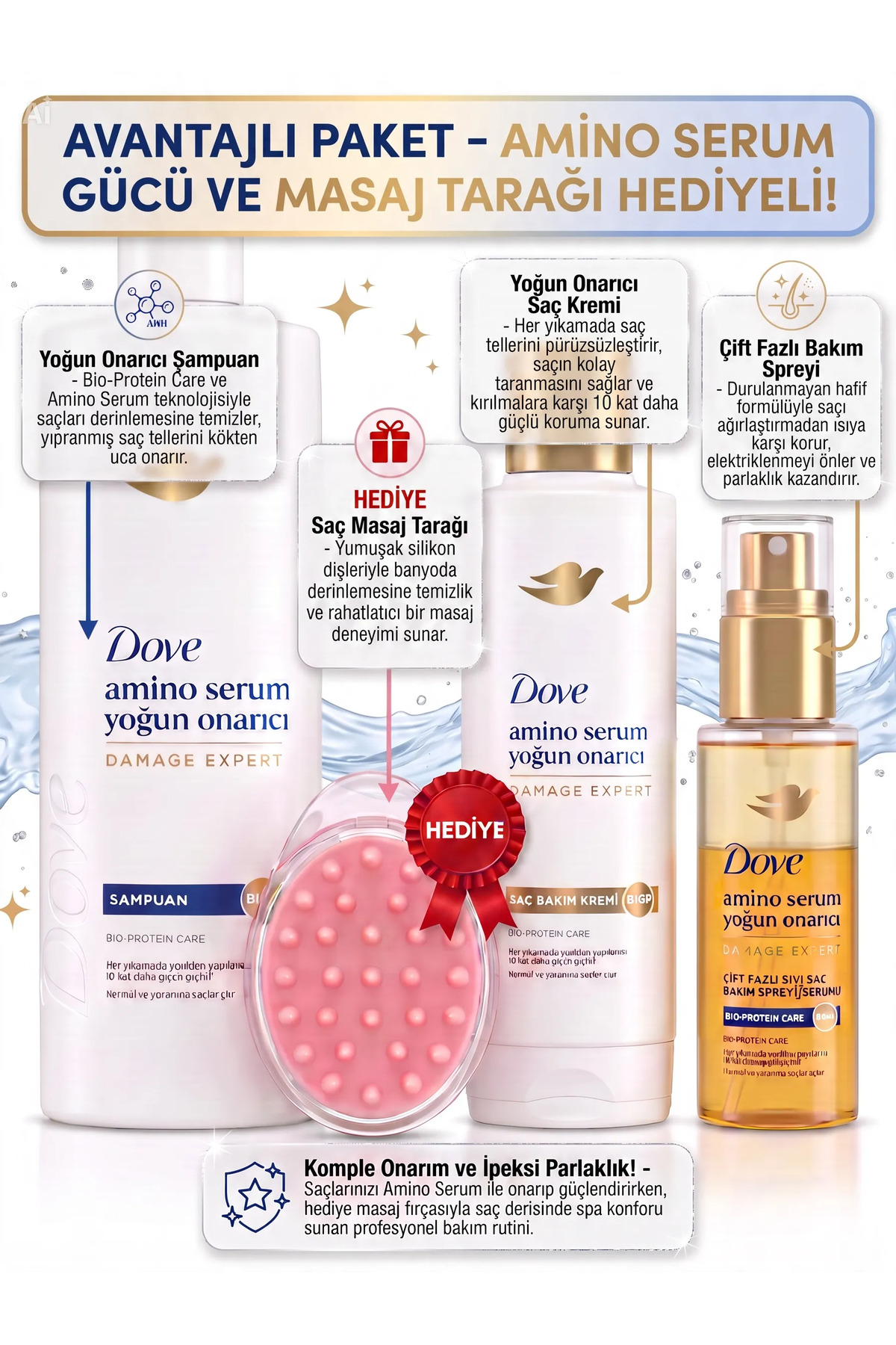 Saç Bakım Seti - Amino Serum Yoğun Onarıcı 4'lü Avantajlı Paket (Şampuan 375 ml + Saç Bakım Kremi 200 ml + Çift Fazlı Bakım Spreyi 80 ml + Hediye Saç Masaj Tarağı) — OXYLUSTSET0001 — تصویر 2 از 2