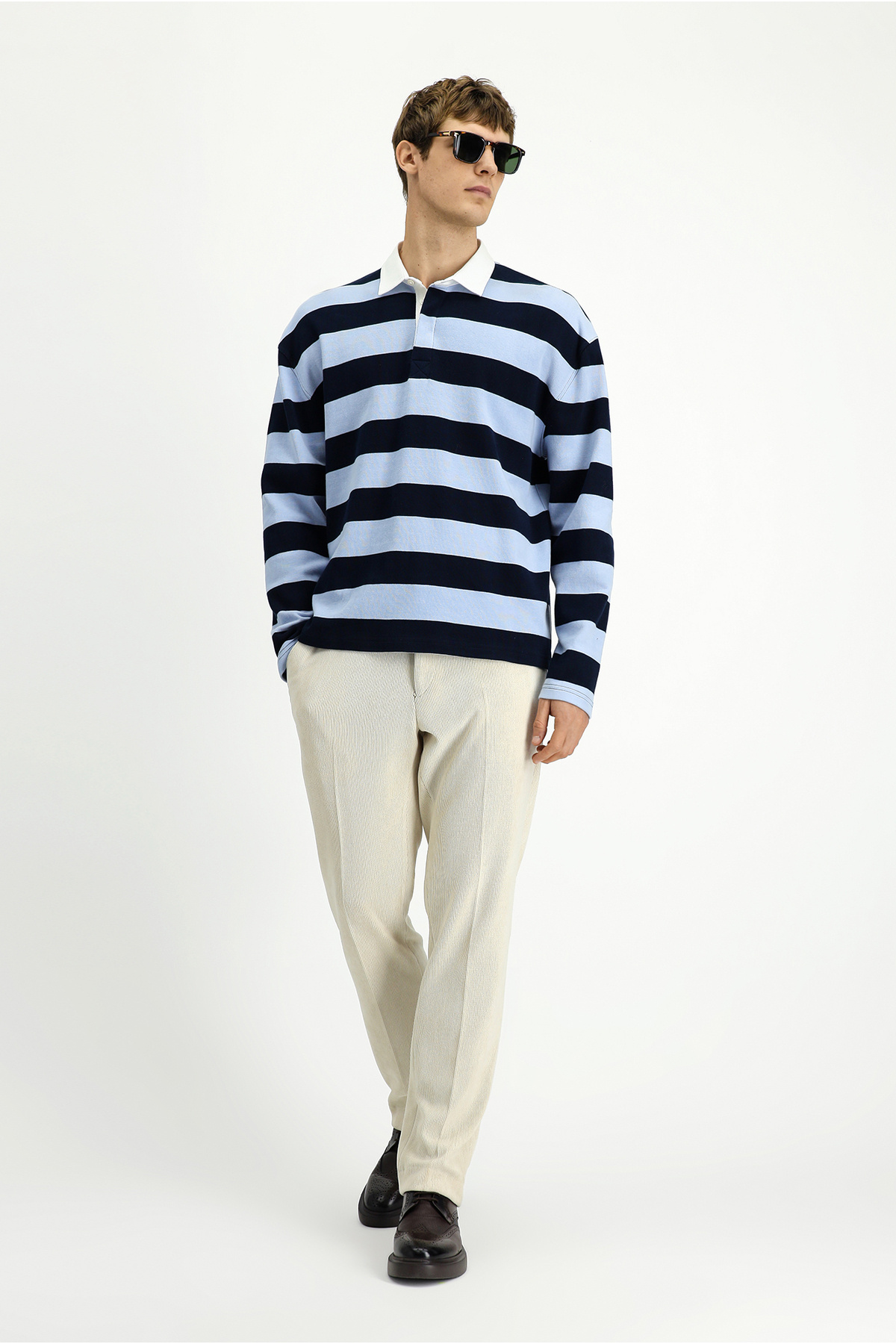 Polo Yaka Oversize Ekstra Rahat Kesim Çizgili Pamuk Sweatshirt — آبی KK26CBC0CZ001 — تصویر 4 از 7