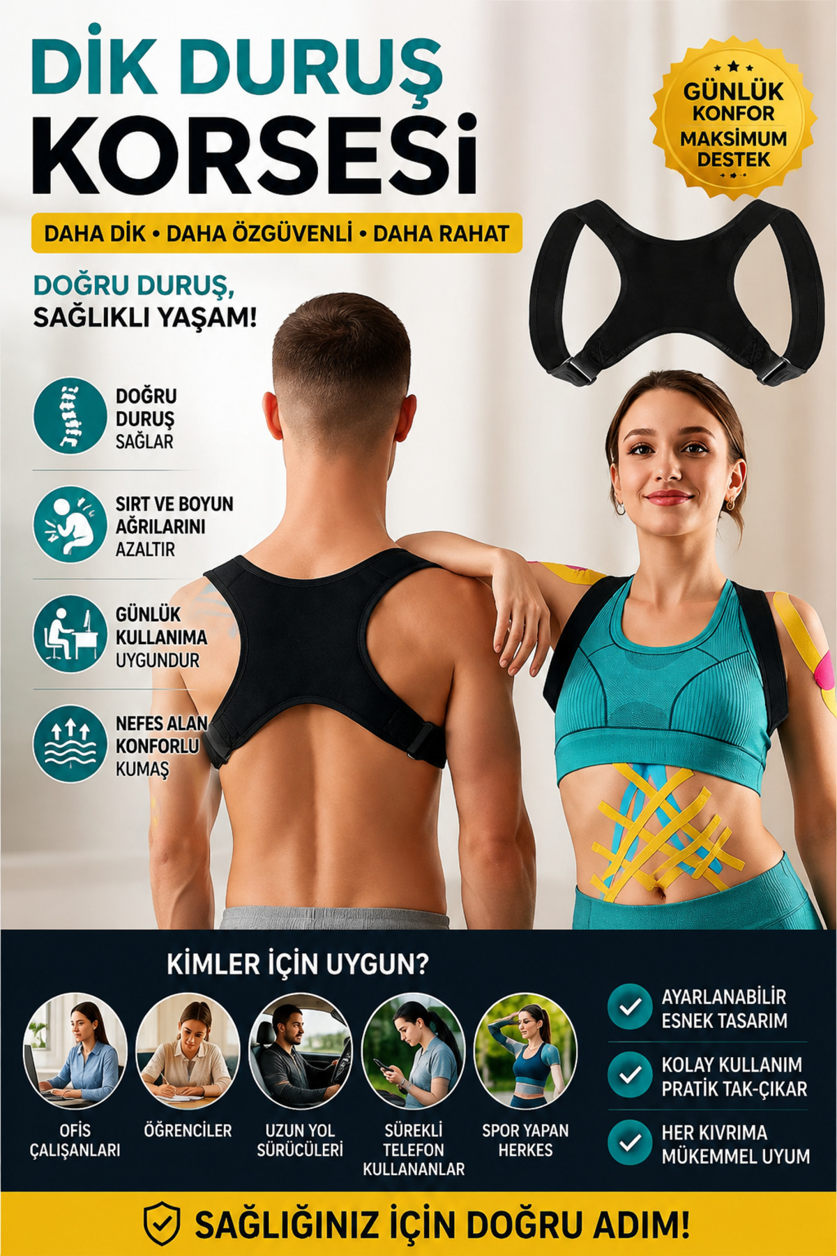 baffhome Medikal Dik Duruş Korsesi Kadın Erkek Kamburluk Korsesi Toparlayıcı Sporcu Korse görsel 4