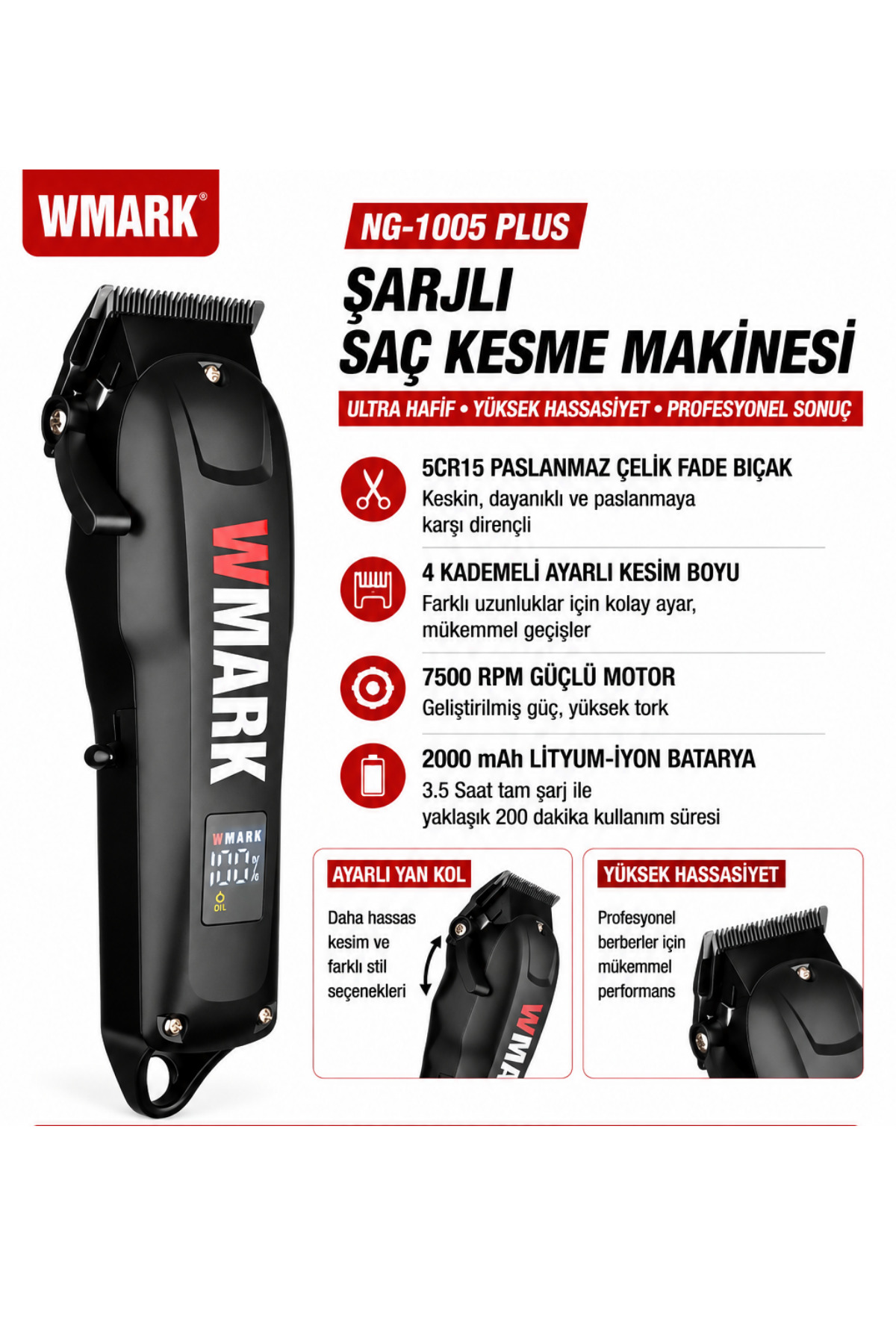 Wmark Rechargeable Hair Clipper (Black/White/Red) Saç Ve Sakal