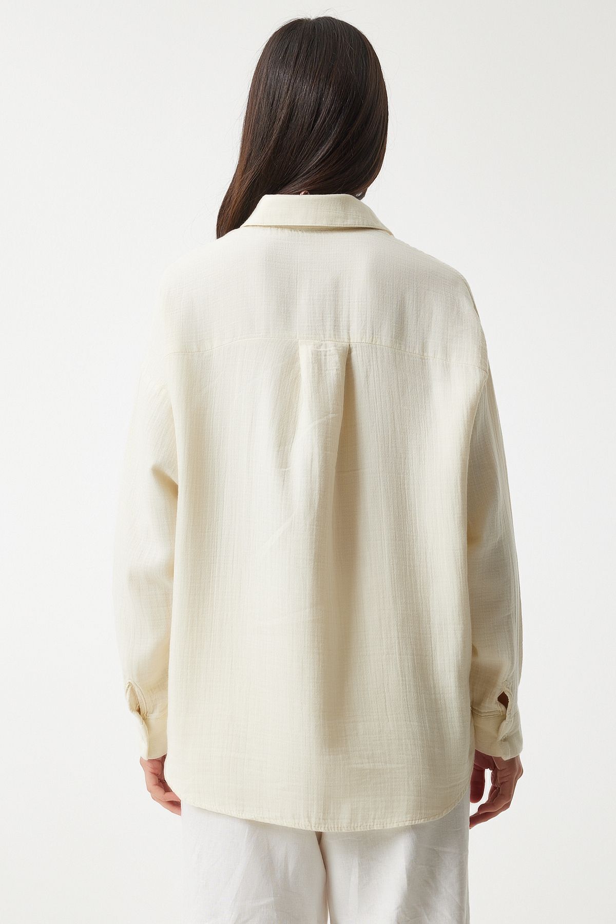 Lovelyİstanbul Oversize Basic Müslin Gömlek AÇIK KREM LMX0002 görsel 7