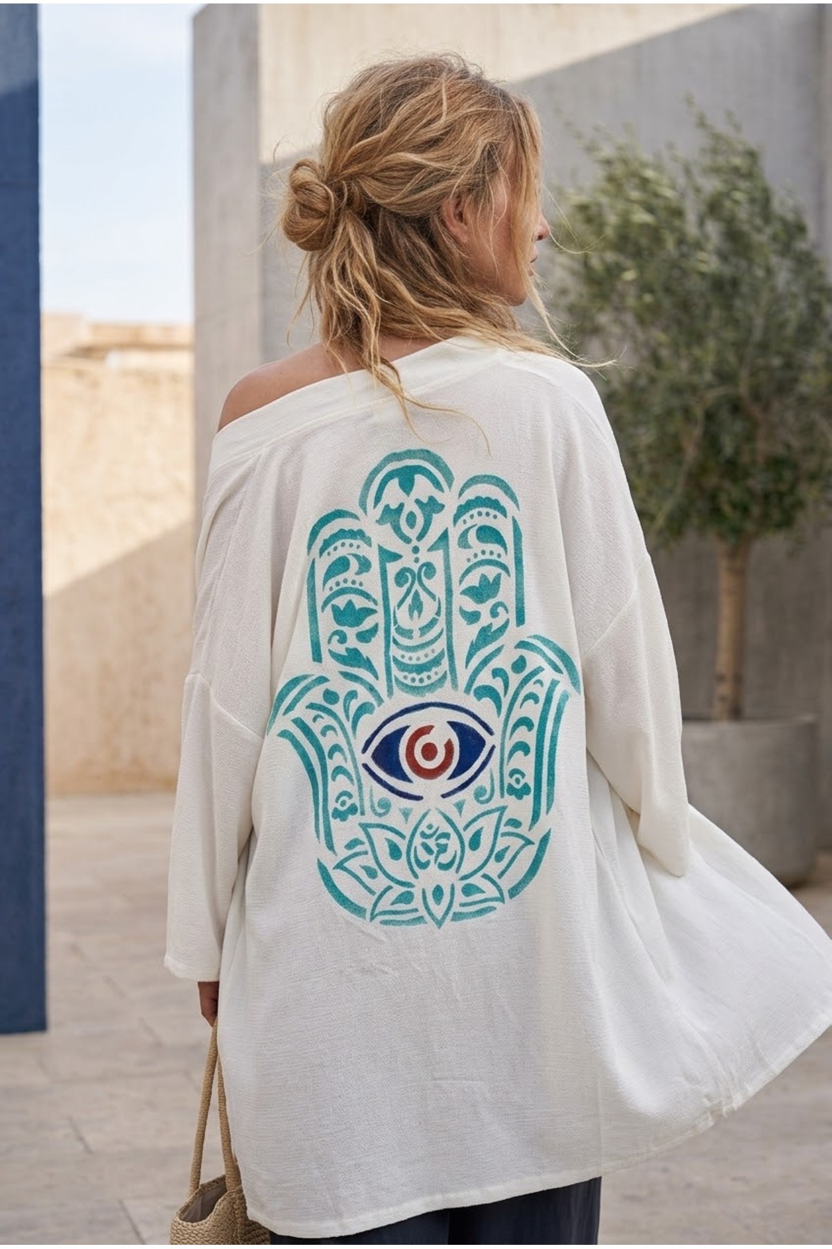 Büyük Hamsa Deseni Baskılı El yapımı Unisex Beyaz Bambu Kimono Kafta — Beyaz · Görünüm 2