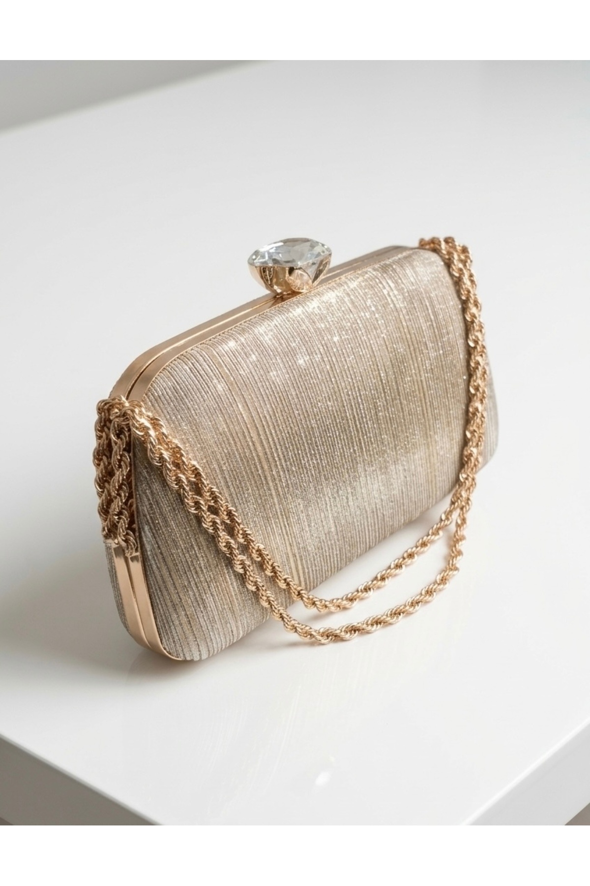 selma demir Simli Kumaş Gold Zincir Askılı Model Clutch Kadın Çanta