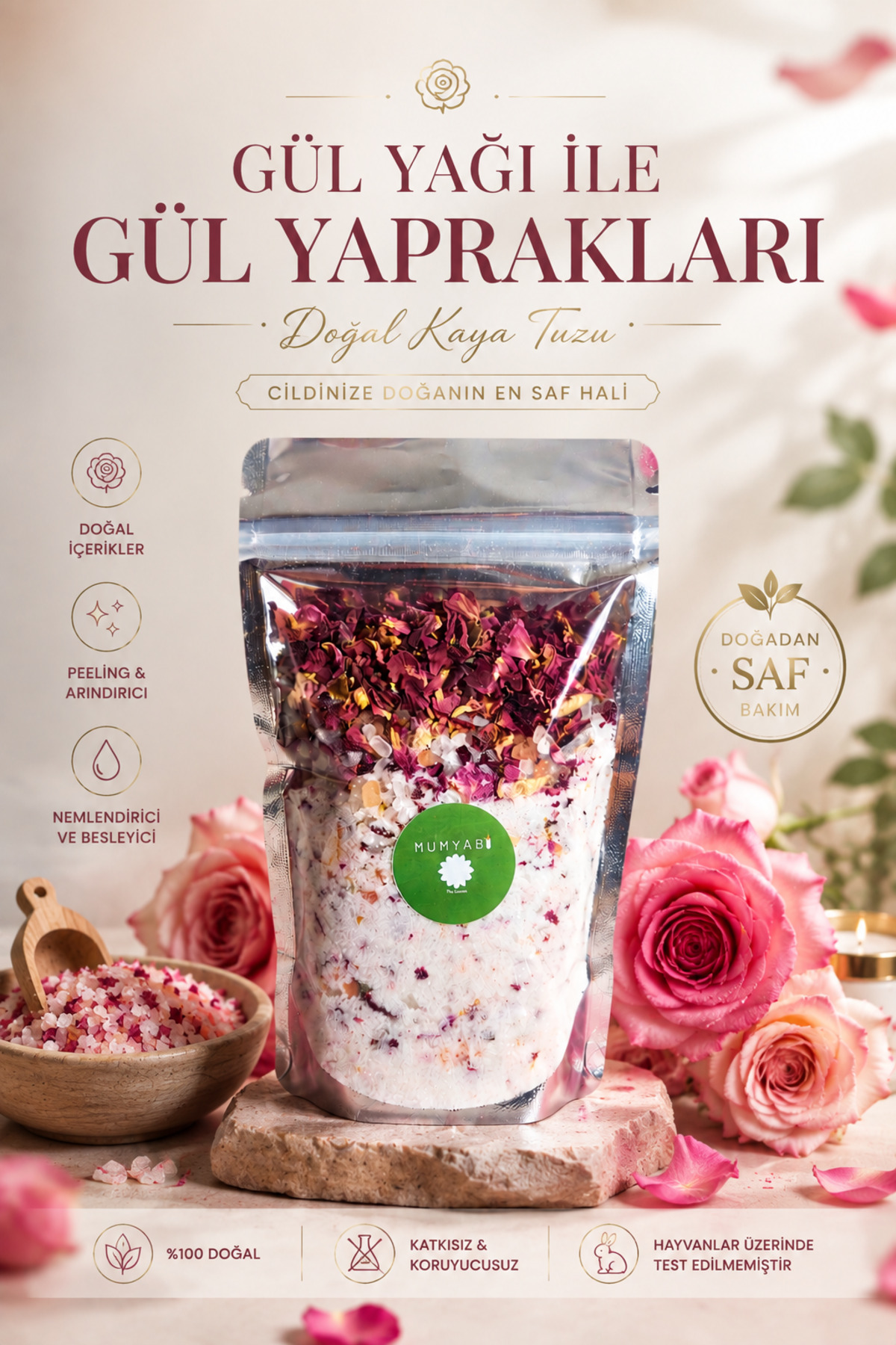 MUMYABİ Doğal Içerikli Gül Yağlı Kokulu Ve Yapraklı Banyo Kaya Tuzu Manikür/pedikür Peeling 300 gr — kaya01