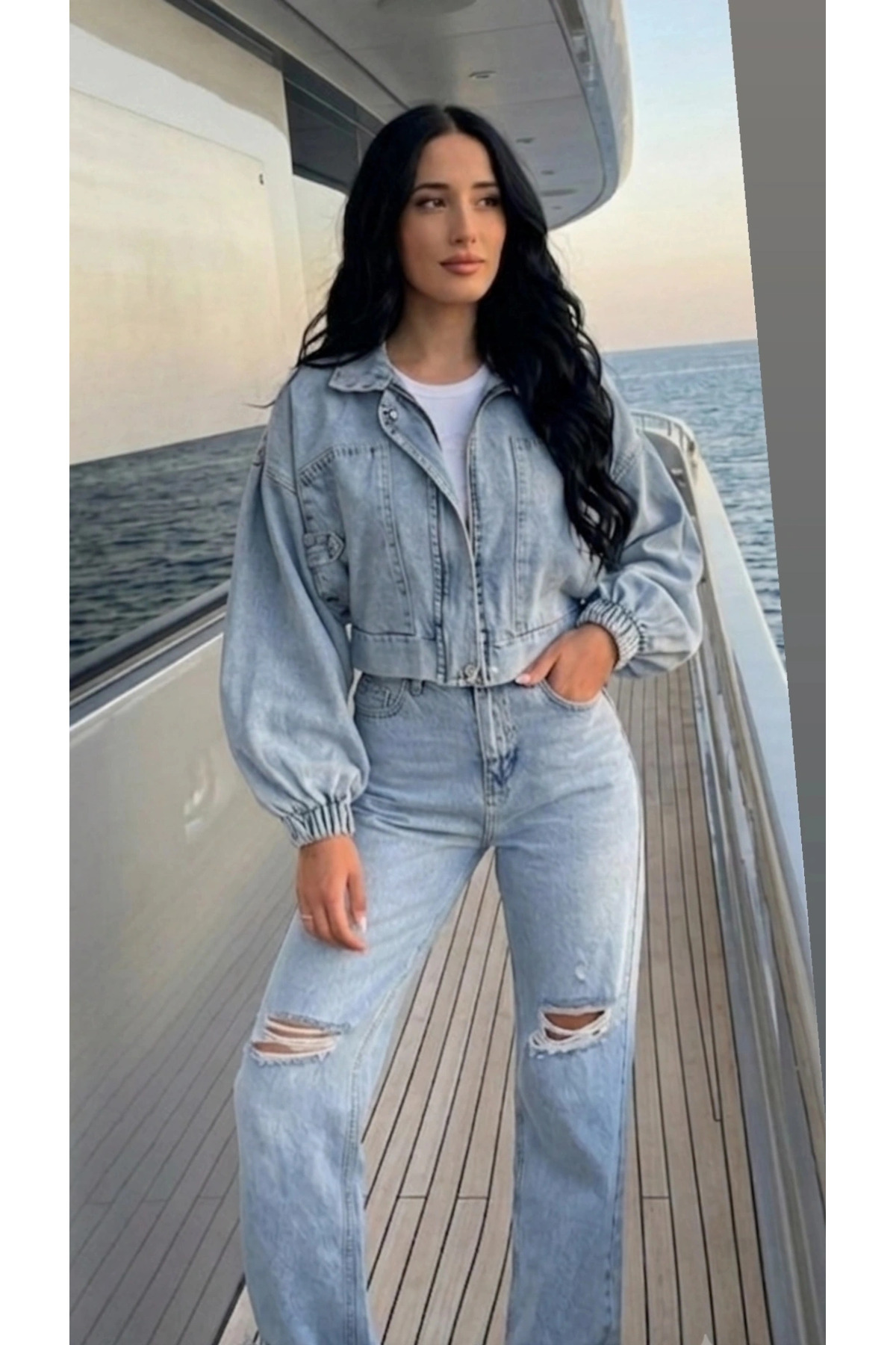 Myawomenswear Kadın Açık Mavi Kısa Denim Ceket, Elastik Manşetli Crop Model görsel 4