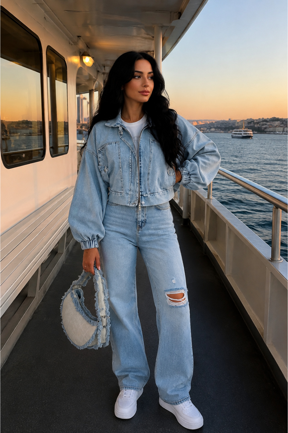 Myawomenswear Kadın Açık Mavi Kısa Denim Ceket, Elastik Manşetli Crop Model görsel 2