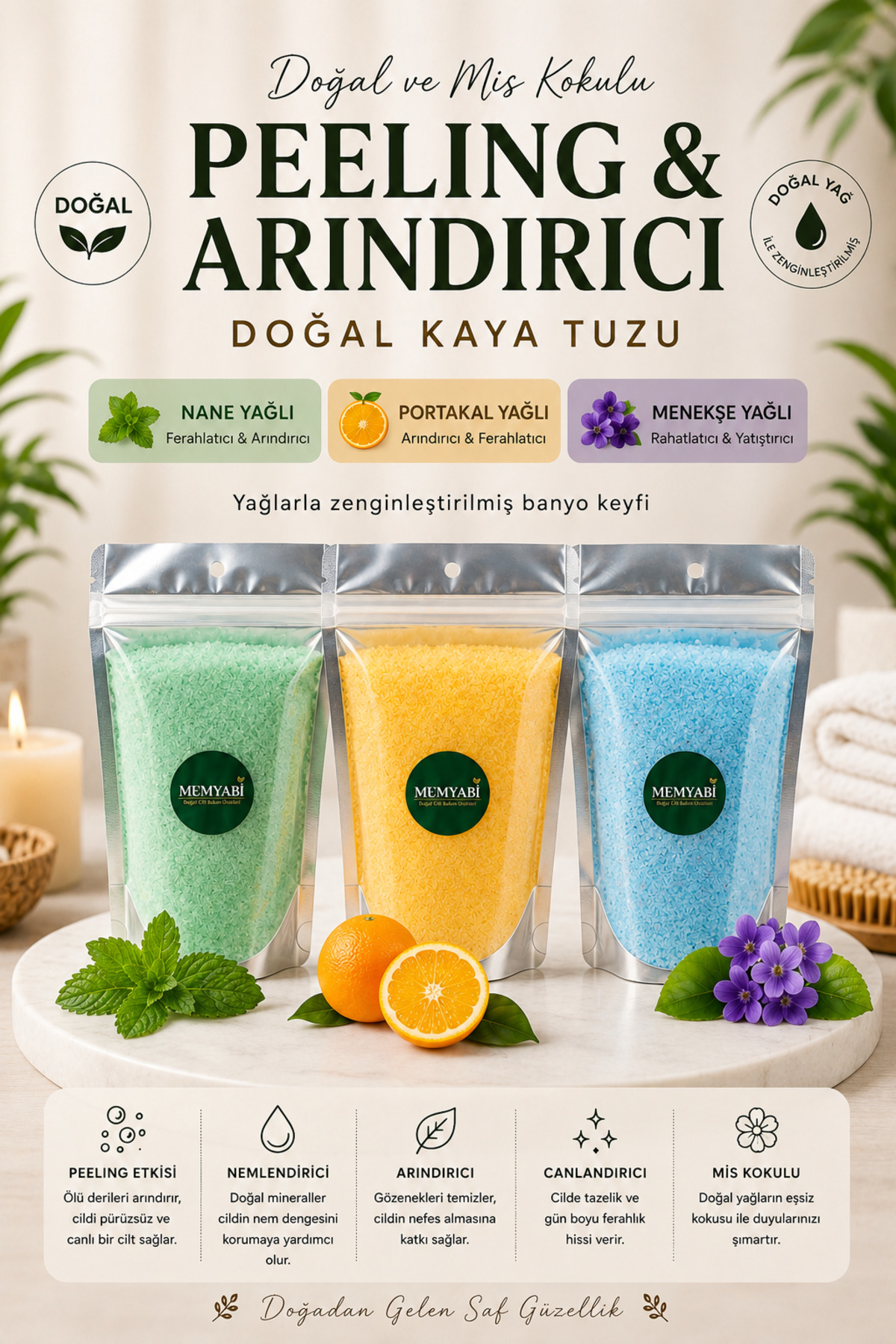 MUMYABİ 3’lü Banyo & Spa Tuz Seti Portakal Menekşe Nane Manikür & Pedikür İçin Doğal Kaya Tuzları 3 x 300 gr — tzkyzjjjrty<