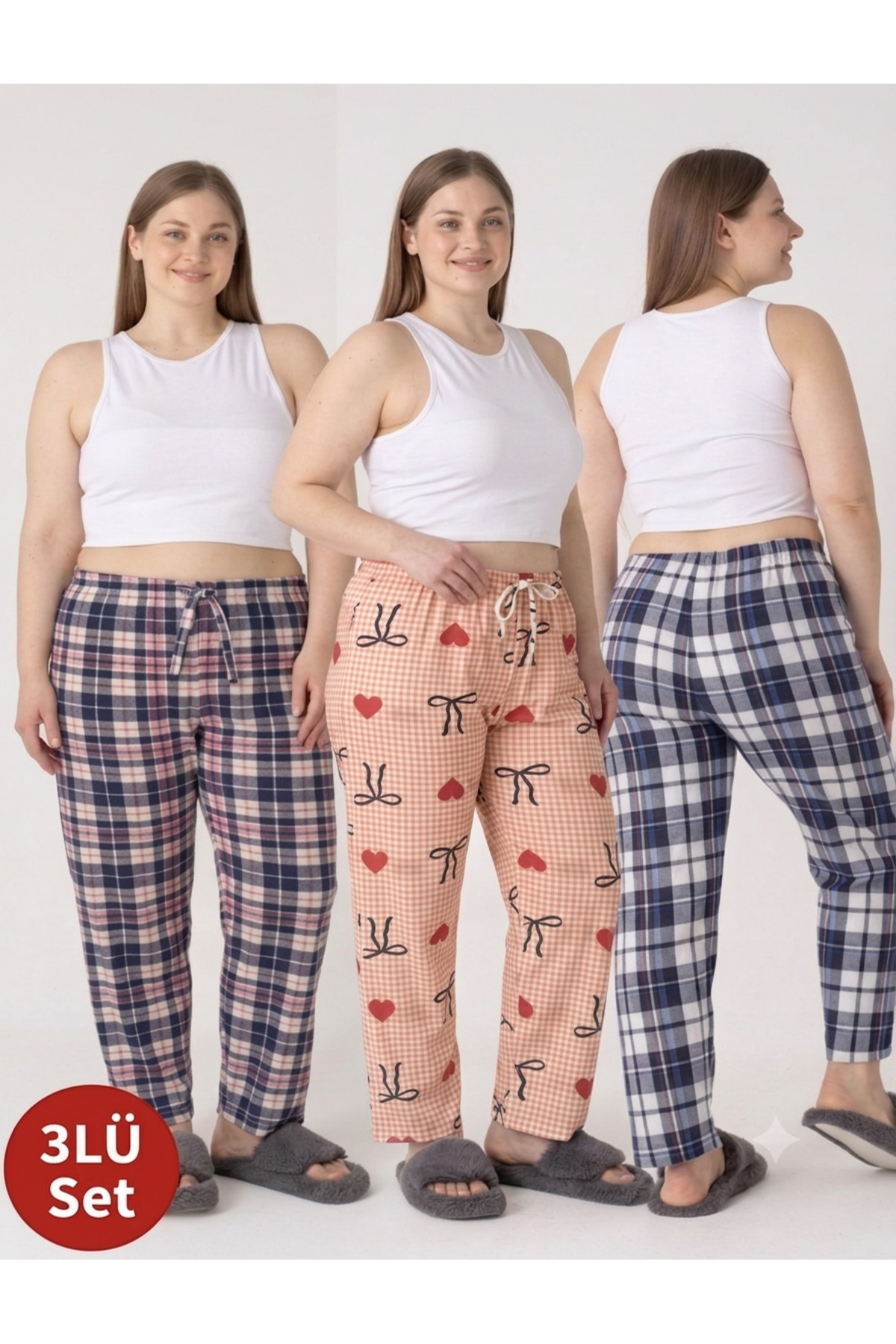 LOTTEBELLA 3Lü Paket Büyük Beden Pamuklu İnce Nefes Alabilen Kumaş Desenli Pijama Altı