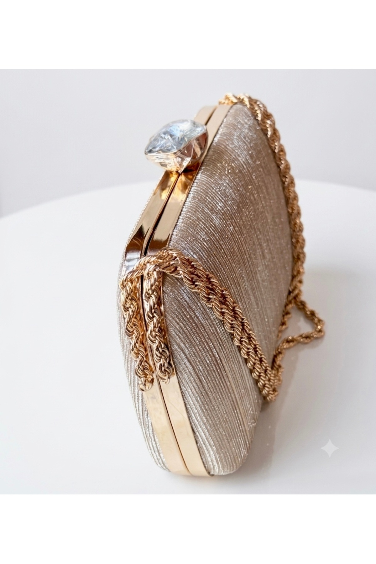 selma demir Simli Kumaş Gold Zincir Askılı Model Clutch Kadın Çanta görsel 2