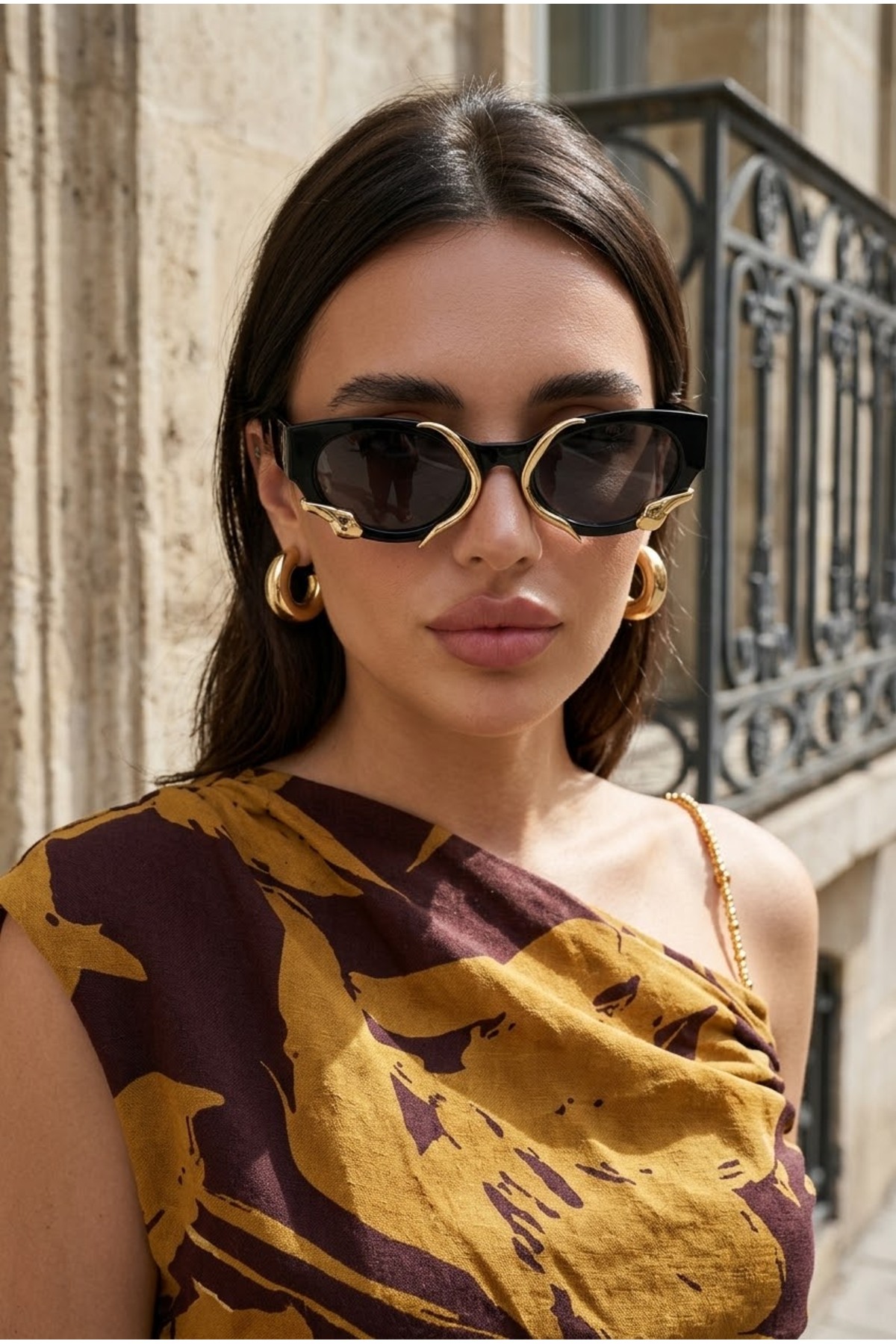 Chunky Frame Snake Unisex Siyah Gold Kara Çerçeve Uv400 Güneş Gözlüğü görsel 3