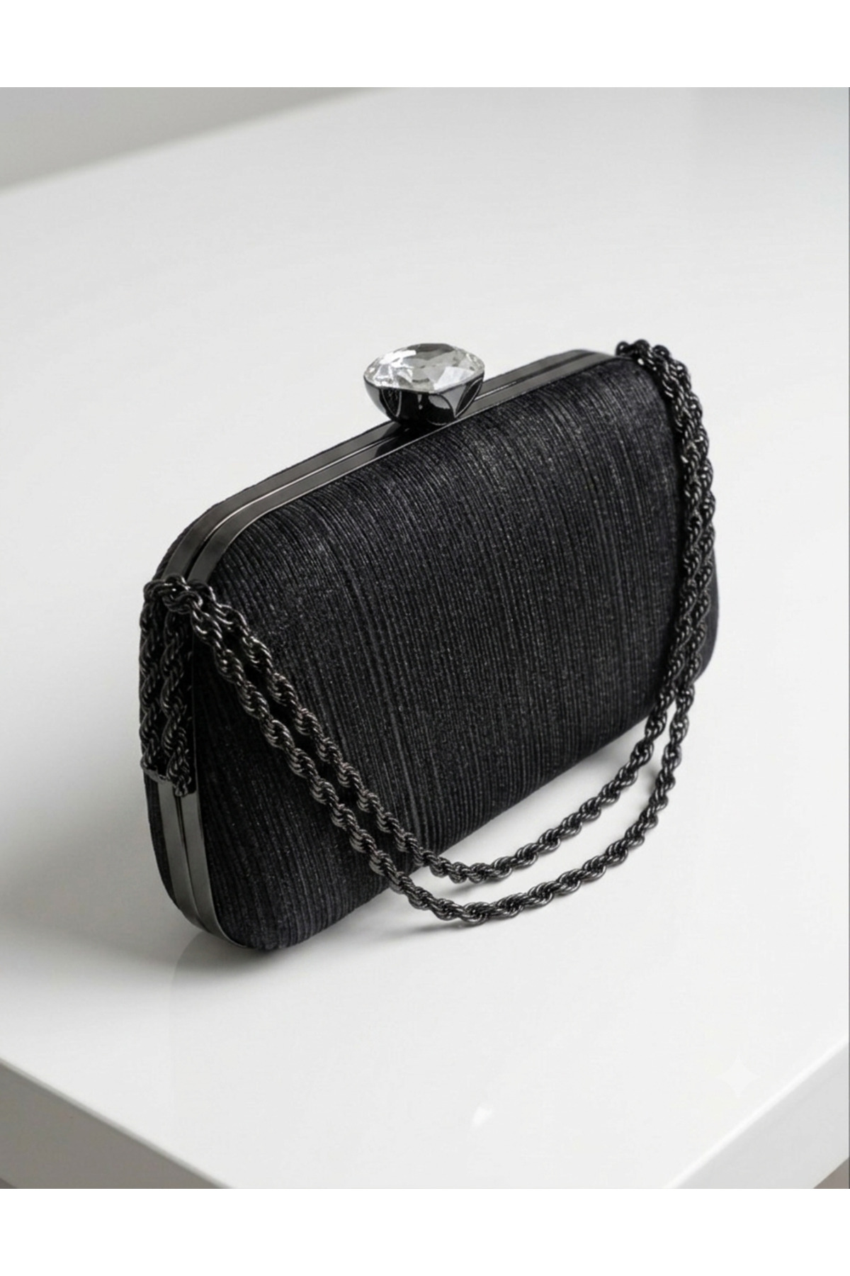 selma demir Simli Siyah Zincir Askılı Model Clutch Kadın Çanta