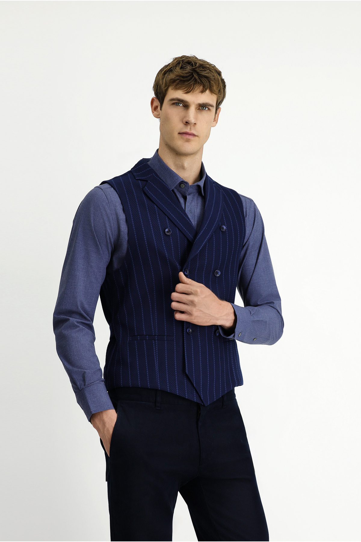 Kiğılı Slim Fit Dar Kesim Çizgili Klasik Kruvaze Yelek görsel 3