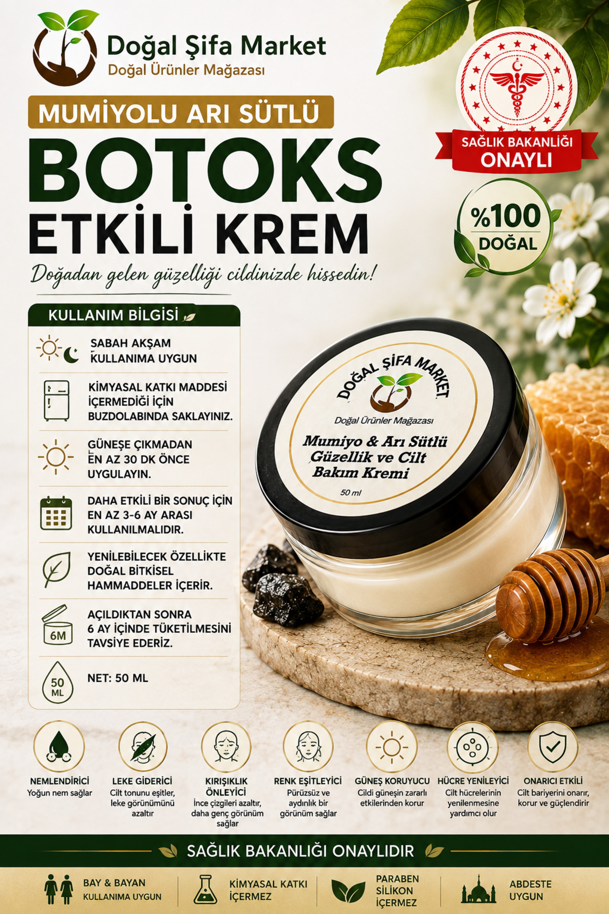 Mumiyo Arı Sütlü Mumiyolu Yüz Bakım Kremi 50 ml –Şişe Form, Günlük Kullanım — MBK01