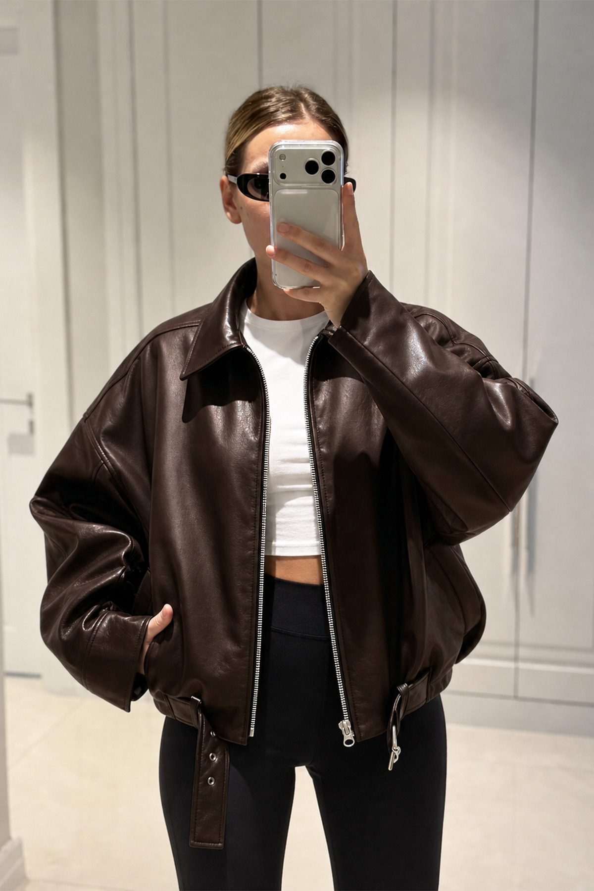 Kadın Oversize Deri Ceket– Oversize Relax Fit, Fermuarlı Kemer Detaylı Günlük Kadın Ceket