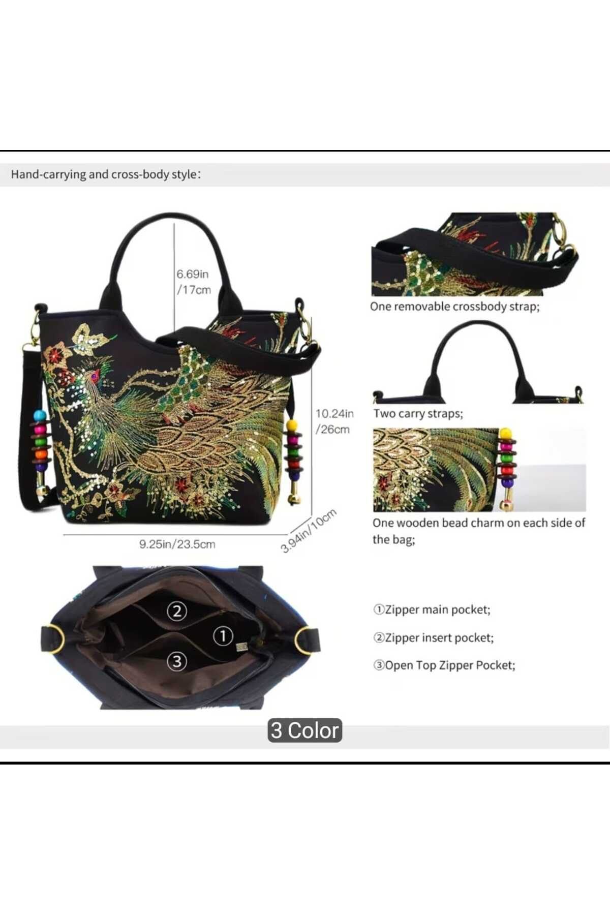 Z1 Home Trend Tavus Kuşu İşlemeli Büryük Kapasiteli Omuz Askısı Crossbody Retro Tuval Omuz Çantası görsel 3