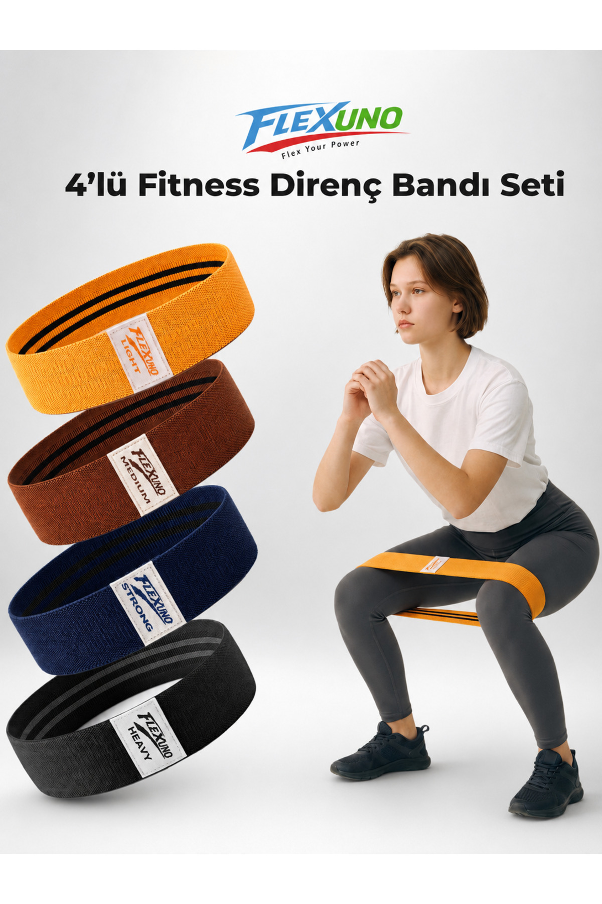 Flexuno Fitness Direnç Bandı 4 lü Set Kaydırmaz Özellikli Kumaş Aerobik Squat Pilates Egzersiz Bandı - Direnç Lastiği