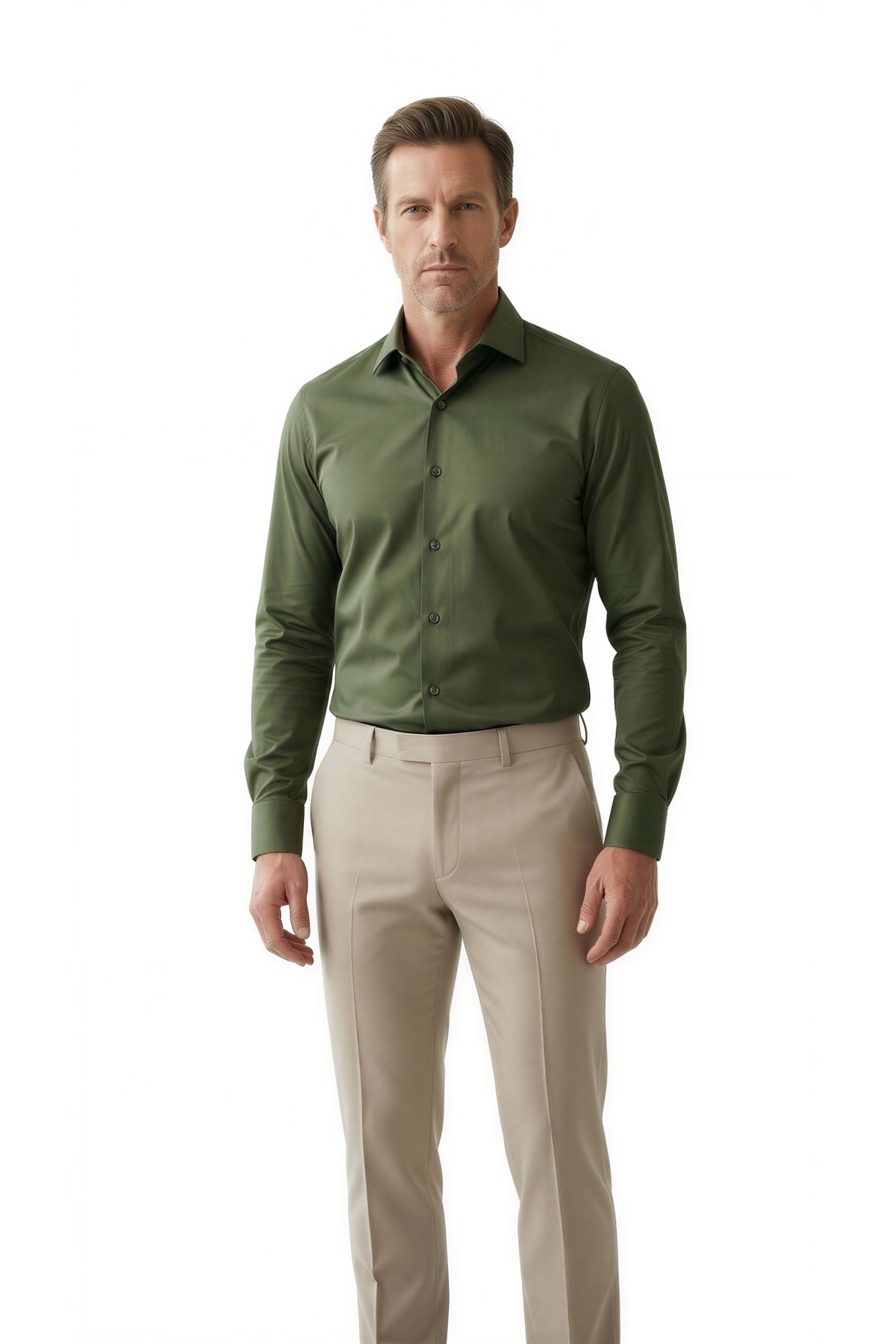 Erkek Haki Yeşil Pamuk Saten Non-ıron Ütü Istemeyen Casual Cepsiz Modern Fit Gömlek — خاکی elagance00719472