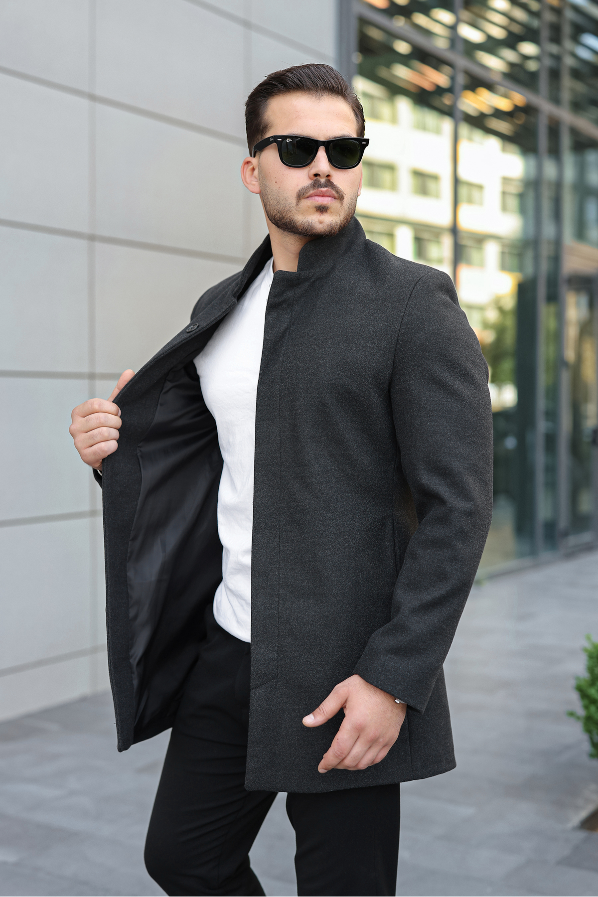 پالتو مردانه کشمیری یقه ایستاده باریک آنتراسیت — مشکی ۴۳۳