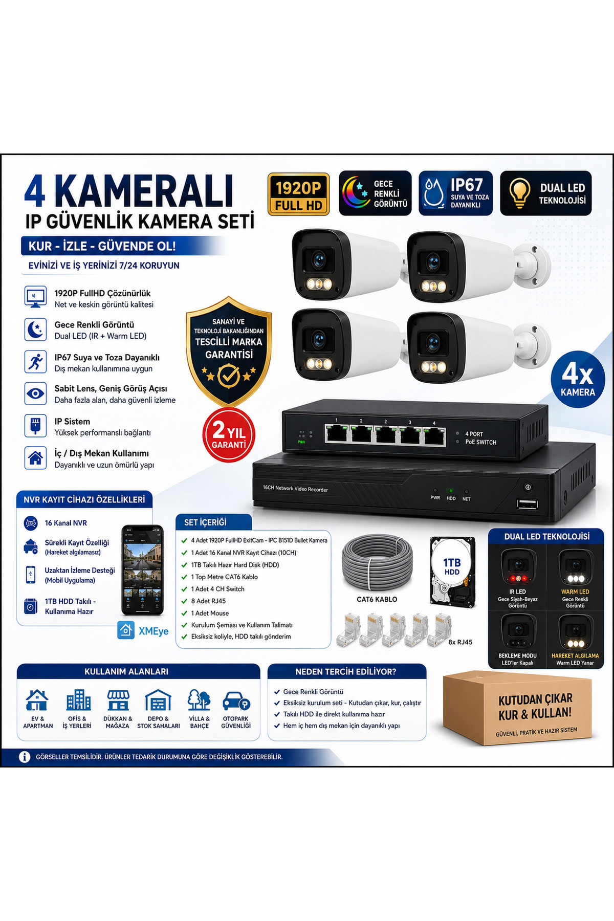 4'lü IP Dual Led-Güvenlik Kamera Seti-Gece Renkli Görüntü-Su Geçirmez Dış Mekan-Sesli Kayıt -Ultra H