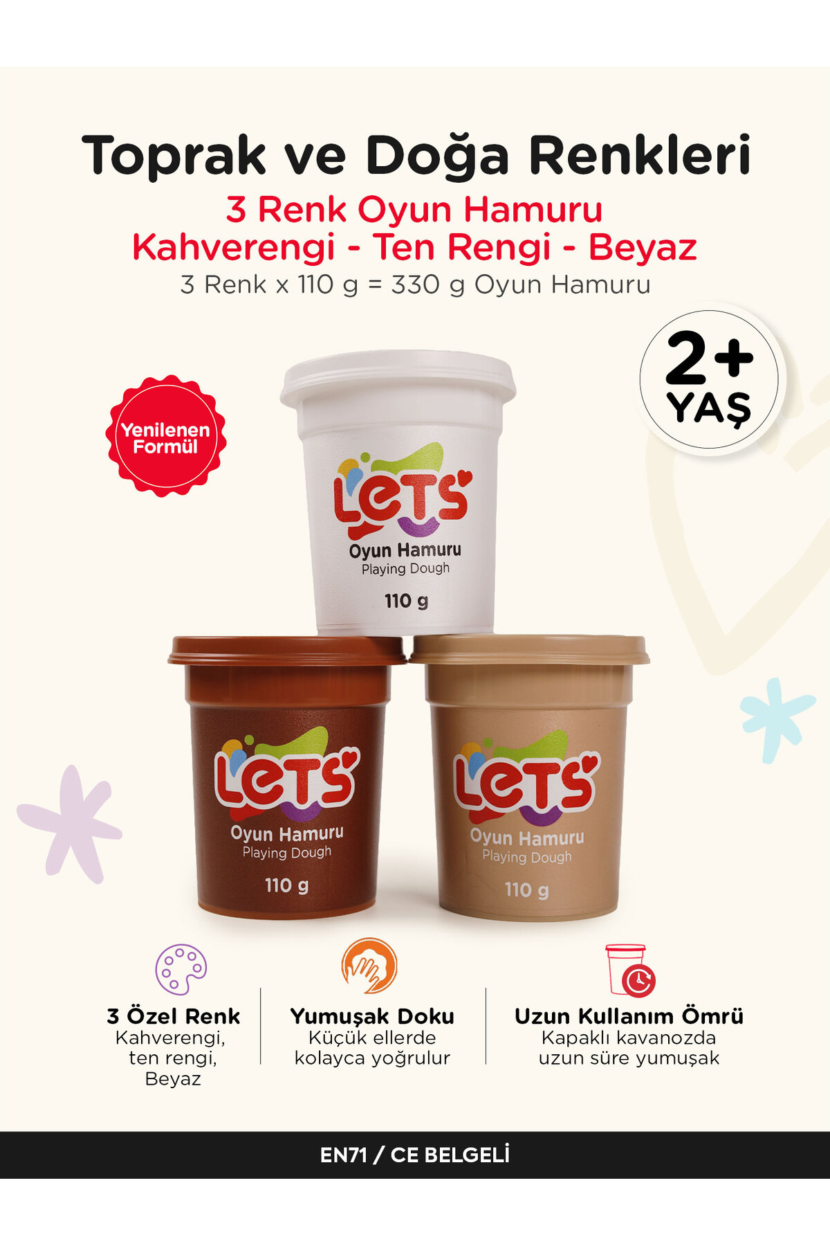 Lets Oyun Hamuru Seti 3'lü – Toprak ve Doğa Renkleri Let's