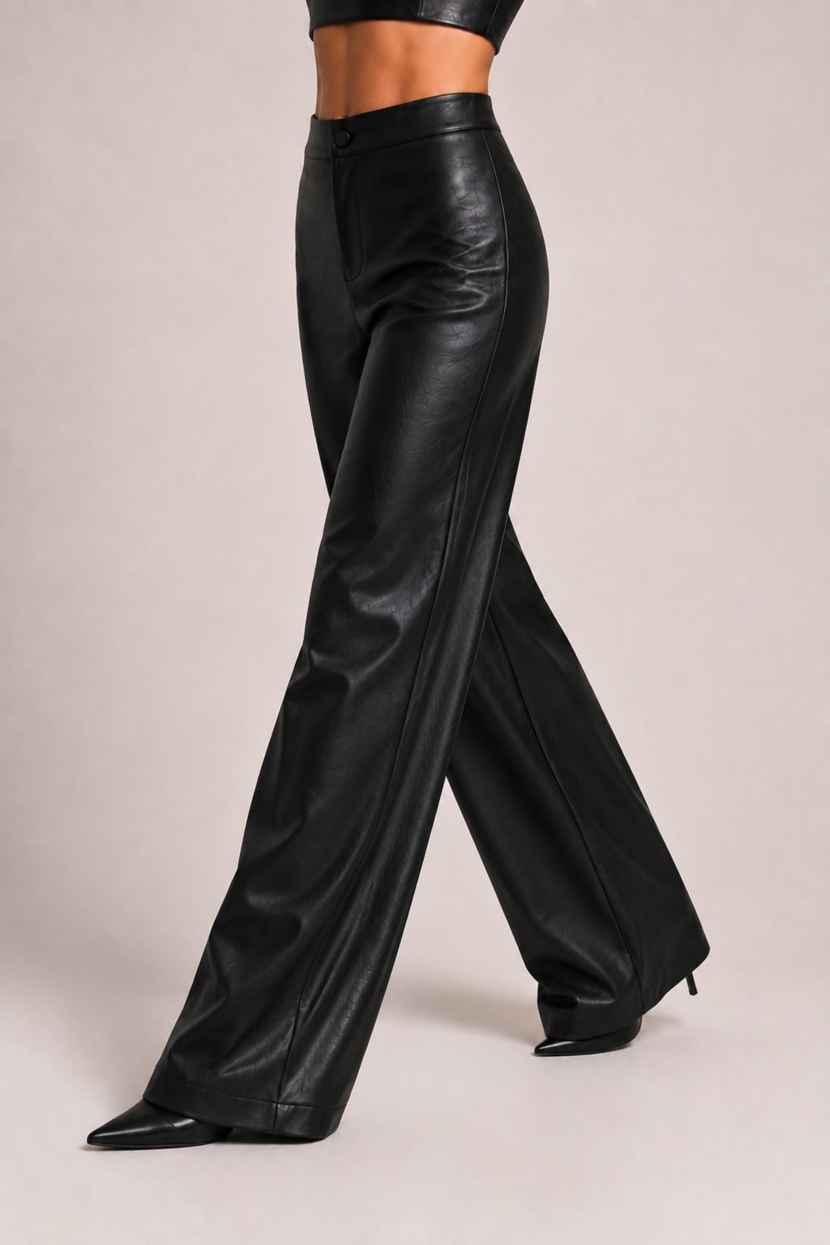 Grenj Fashion Siyah Bol Paça/Wide Leg Suni Deri Pantolon görsel 5