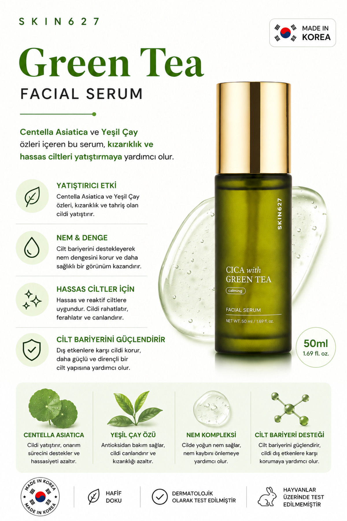 Cica with Green Tea–Yatıştırıcı ve Kızarıklık Karşıtı Canlandırıcı Yüz Serumu (50ml) — skincicaser