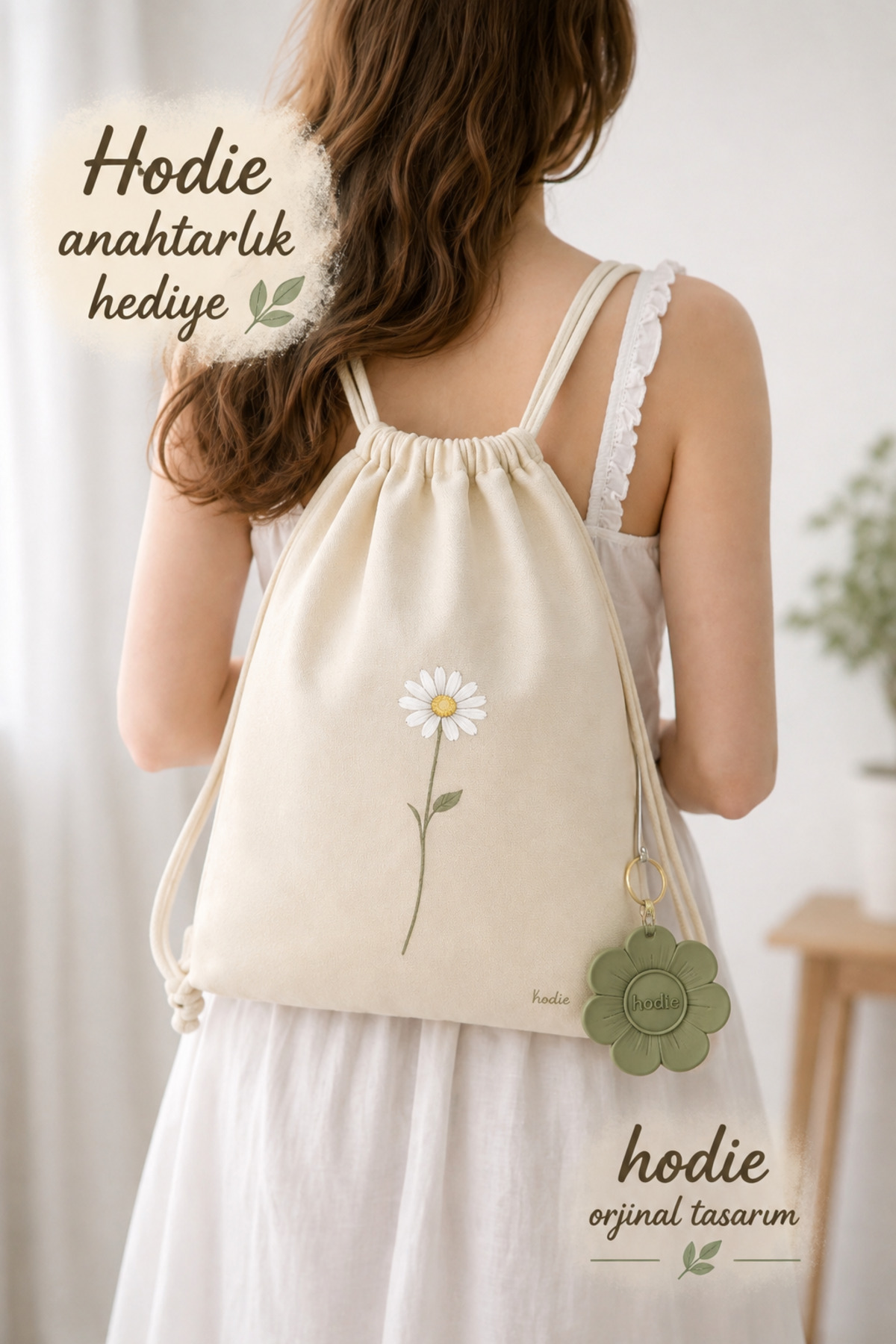 hodie collection Papatya Desenli Büzgülü Bez Sırt Çantası İnce Hafif Ham Bez Günlük Kullanım