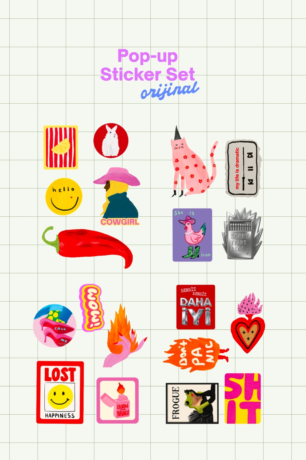 19’lu Sticker Set Kolaj Tarzı Renkli Estetik Laptop Telefon Sticker Seti