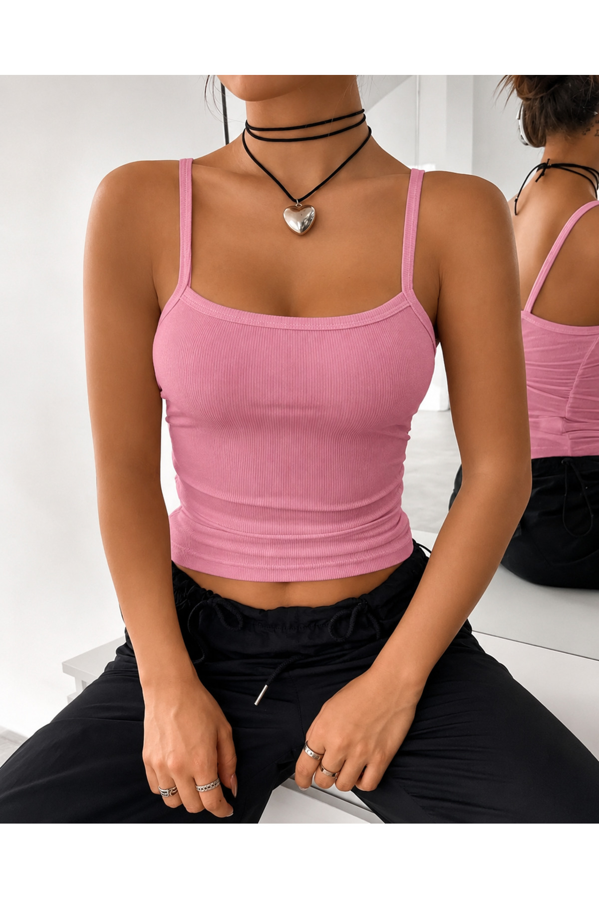 LEMAR MODA Kadın Pembe Ip Askılı Kaşkorse Atlet Kadın Atlet Crop Kaşkorse Spor Atlet 2026 görsel 3