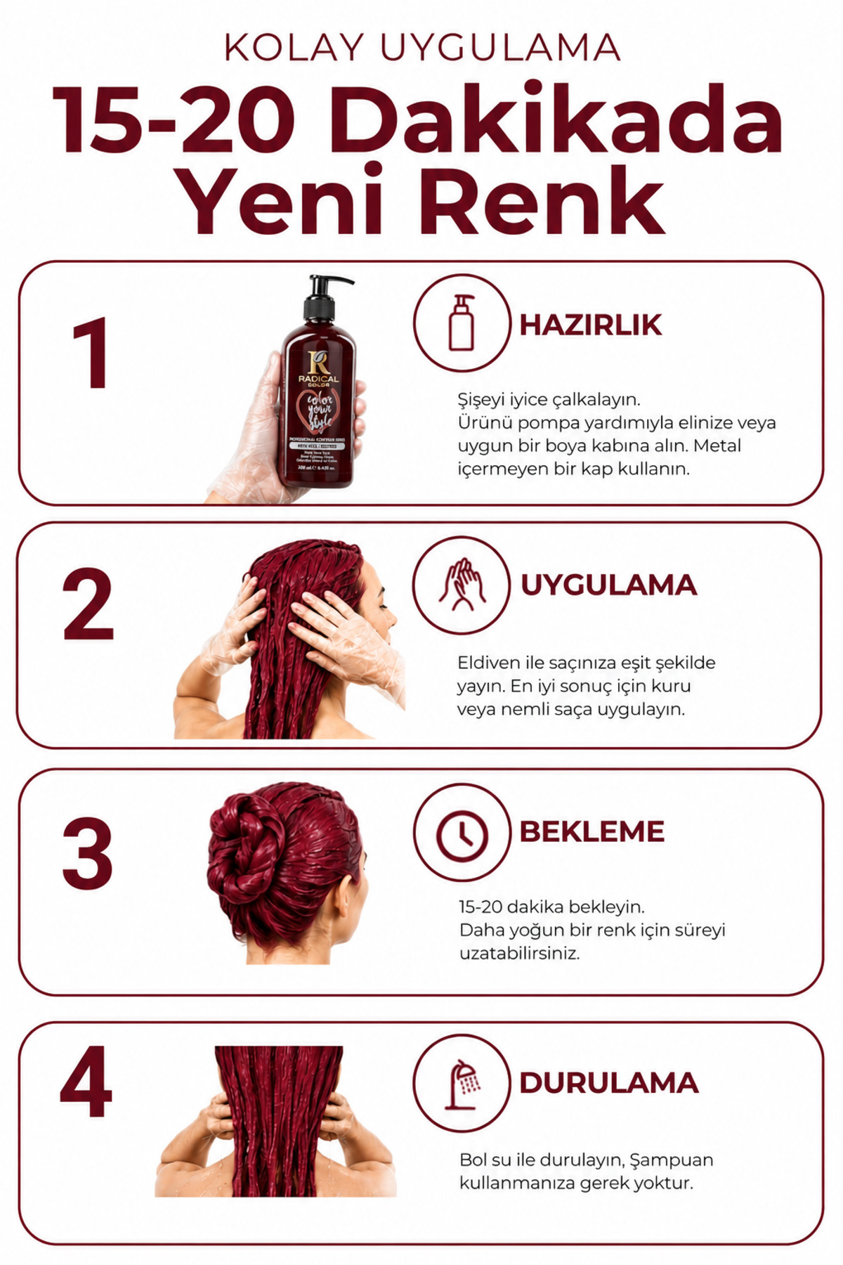 Koyu Kızıl Su Bazlı Saç Boyası – Amonyaksız ve Oksidansız, Açık Saçta Canlı ve Yoğun Renk | 250 ml — زرشکی 0001subazlıboya — تصویر 4 از 8
