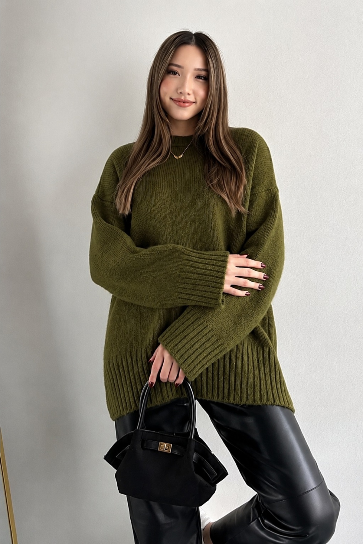 LOTUS CITY Kadın Bisiklet Yaka Oversize Haki Triko Kazak görsel 5