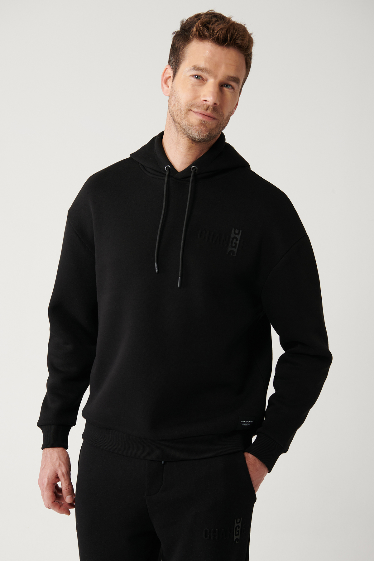 Avva Erkek Siyah Şardonlu Kumaş Kapüşonlu Yaka Gofre Baskılı Oversize Sweatshirt A32Y1190