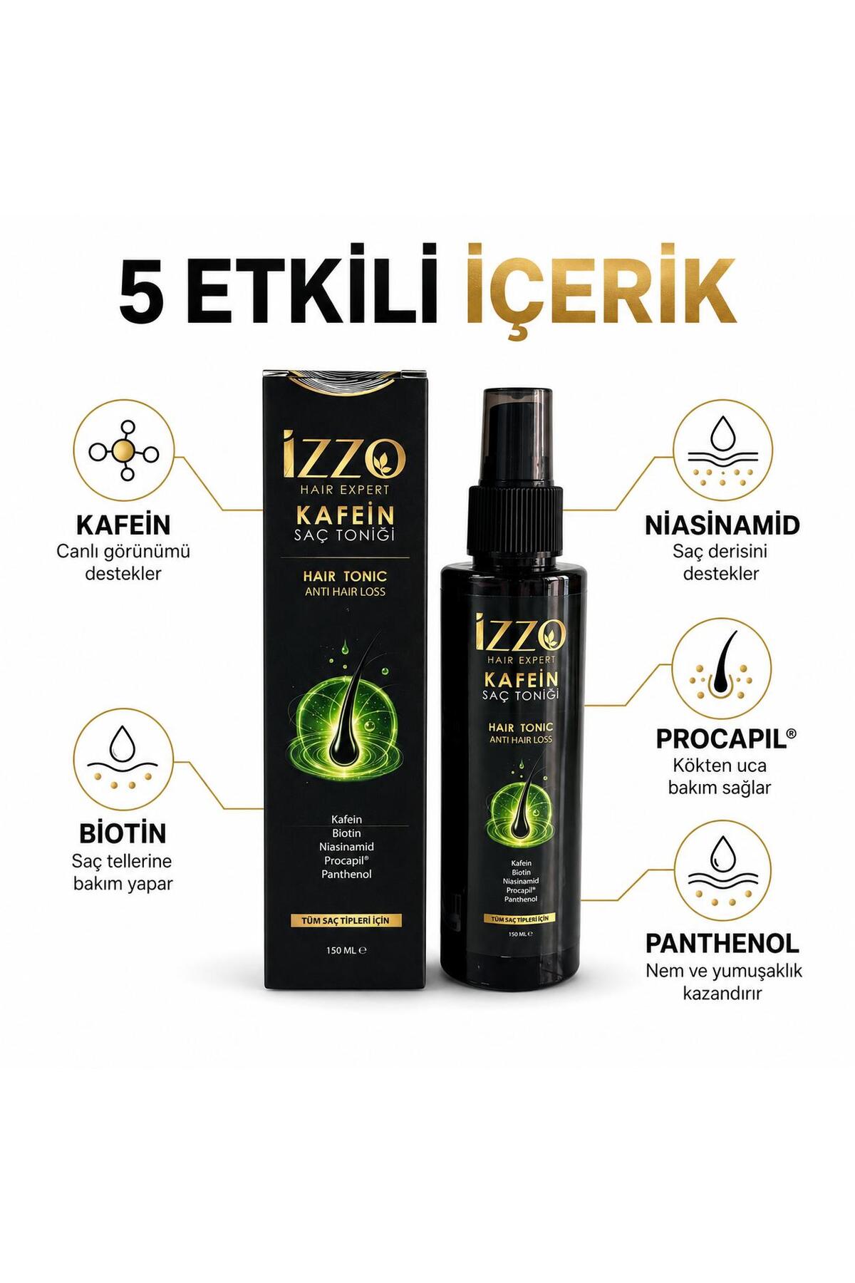 Kafein Saç Toniği 150 ml | Saç Dökülmesi Kök Uyarıcı Bakım | Procapil®, Biotin, Niasinamid, Kafein ve Panthenol İçeren Hair Tonic — IZZO-KTN-150 — تصویر 3 از 5
