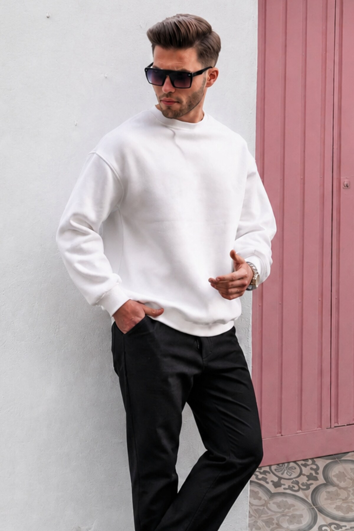 Madmext Ekru Bisiklet Yaka Oversize Şardonlu Basic Erkek Sweatshirt 6048 — اکرو