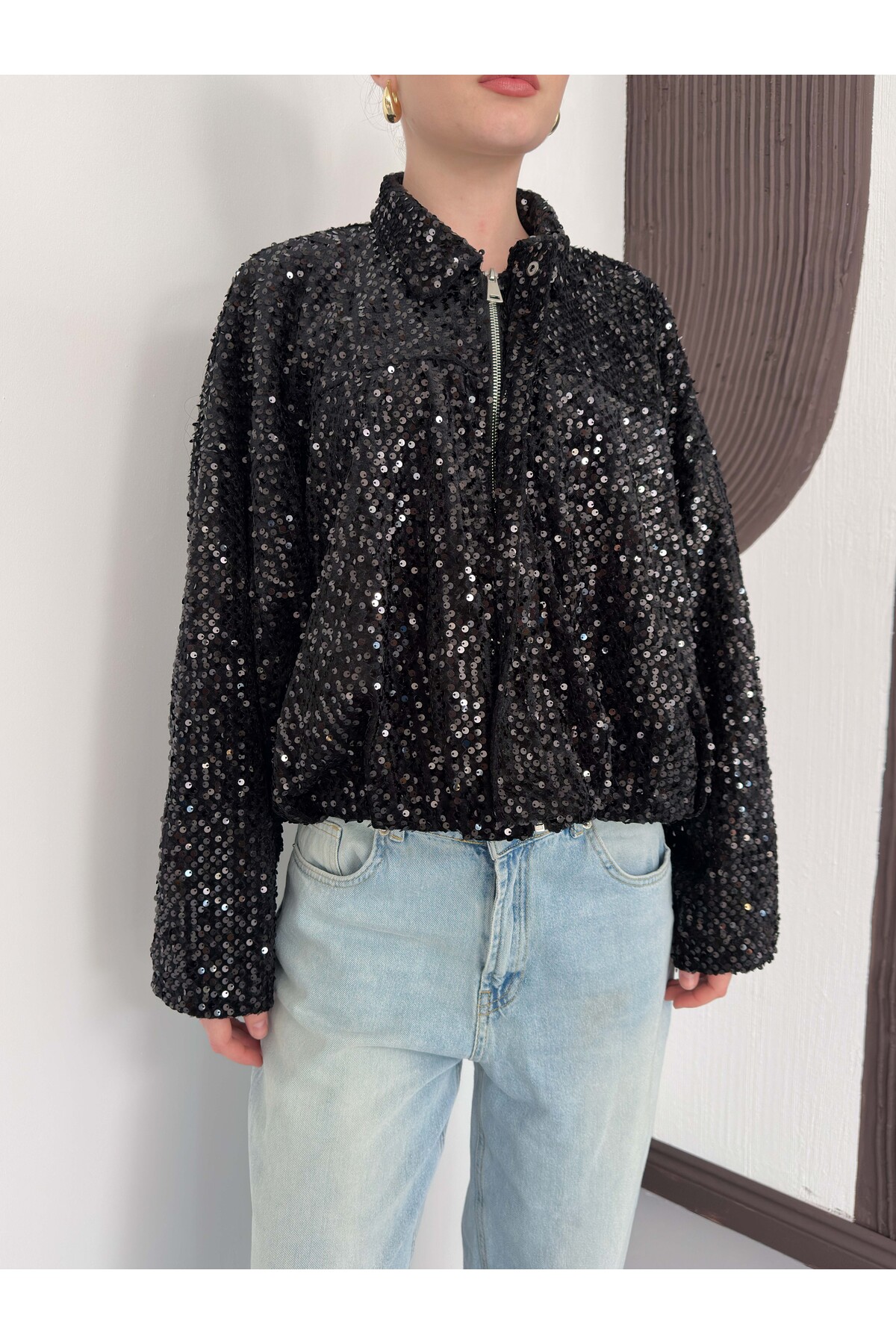 VERYMODA Payetli Oversize Kadın Ceket, Fermuarlı Işıltılı Şık Üst | F2026 görsel 5