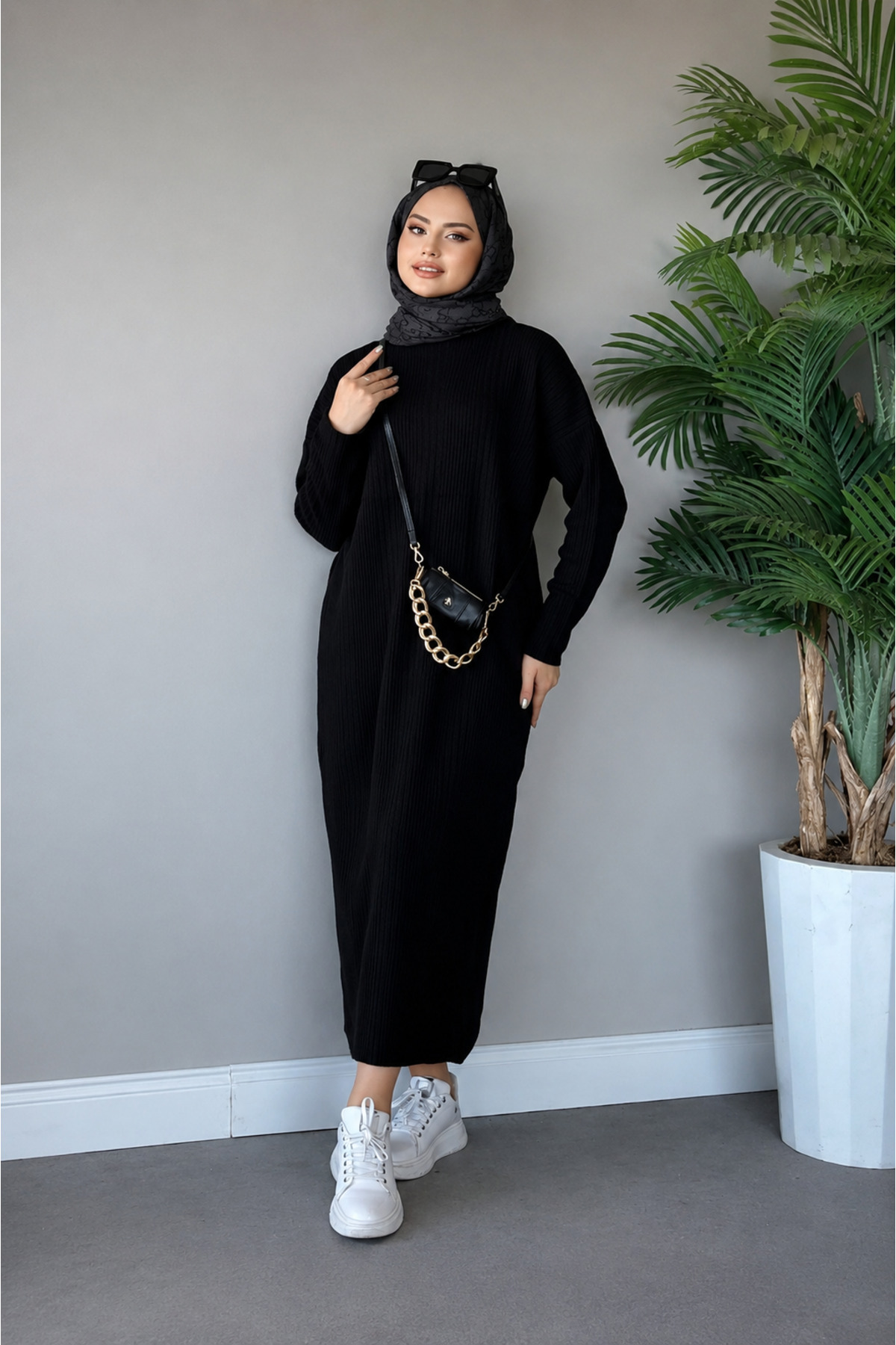 Gülce moda Fitilli Triko Elbise Siyah