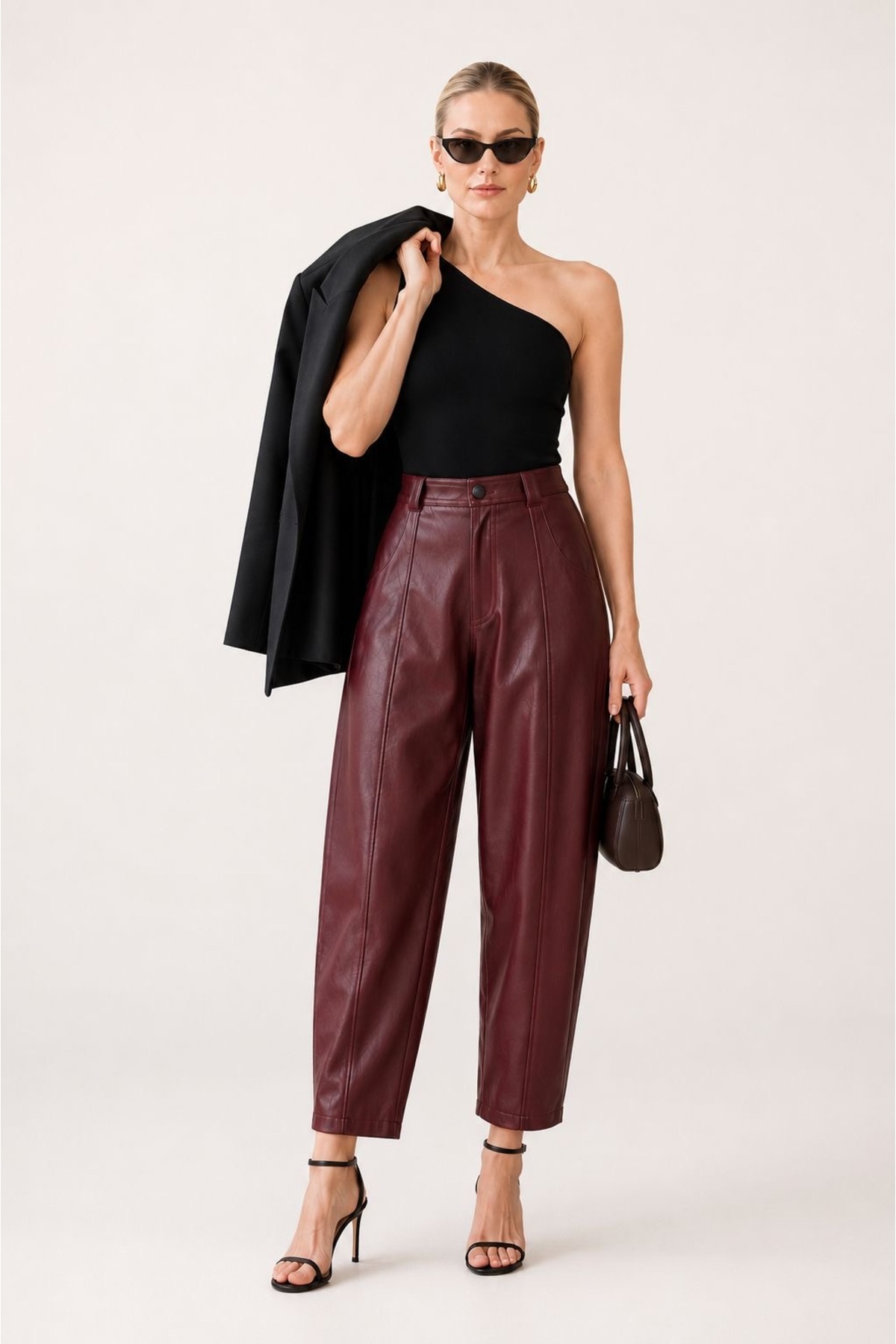 Grenj Fashion Bordo Yüksek Bel Barrel Boru Paça Suni Deri Pantolon