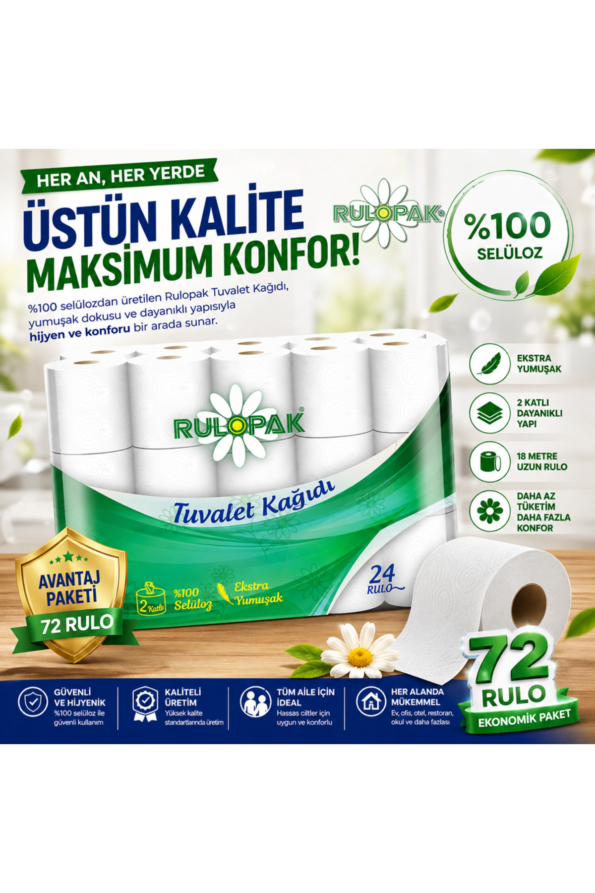 Rulopak 2 Katlı Tuvalet Kağıdı 72 Rulo – Avantajlı Büyük Paket, Yumuşak ve Dayanıklı